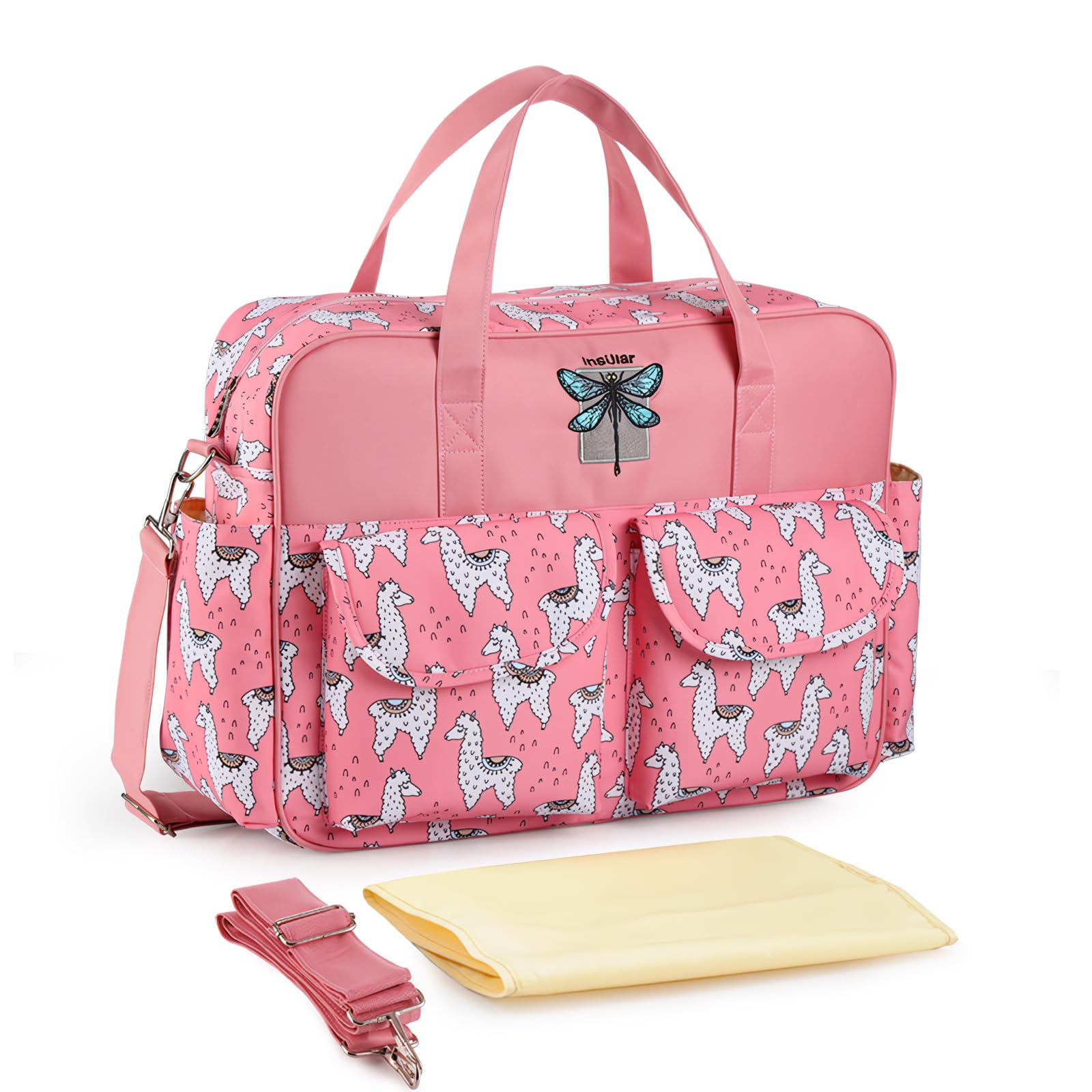SONARIN Lightweight Large Capacity Baby Nappy Changing Tote Bag,Waterproof Baby Changing Bag Satchel Messenger Bag Travel Diaper Bag with Shoulder Strap & Changing Mat(Pink Alpaca)