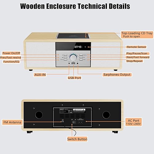 Miniatura 7 de Bluetooth Stereo System for Home with CD Player, Vintage Wooden Hi-Fi Music System with Bluetooth, FM Radio, AUX & USB Input, Remote Control