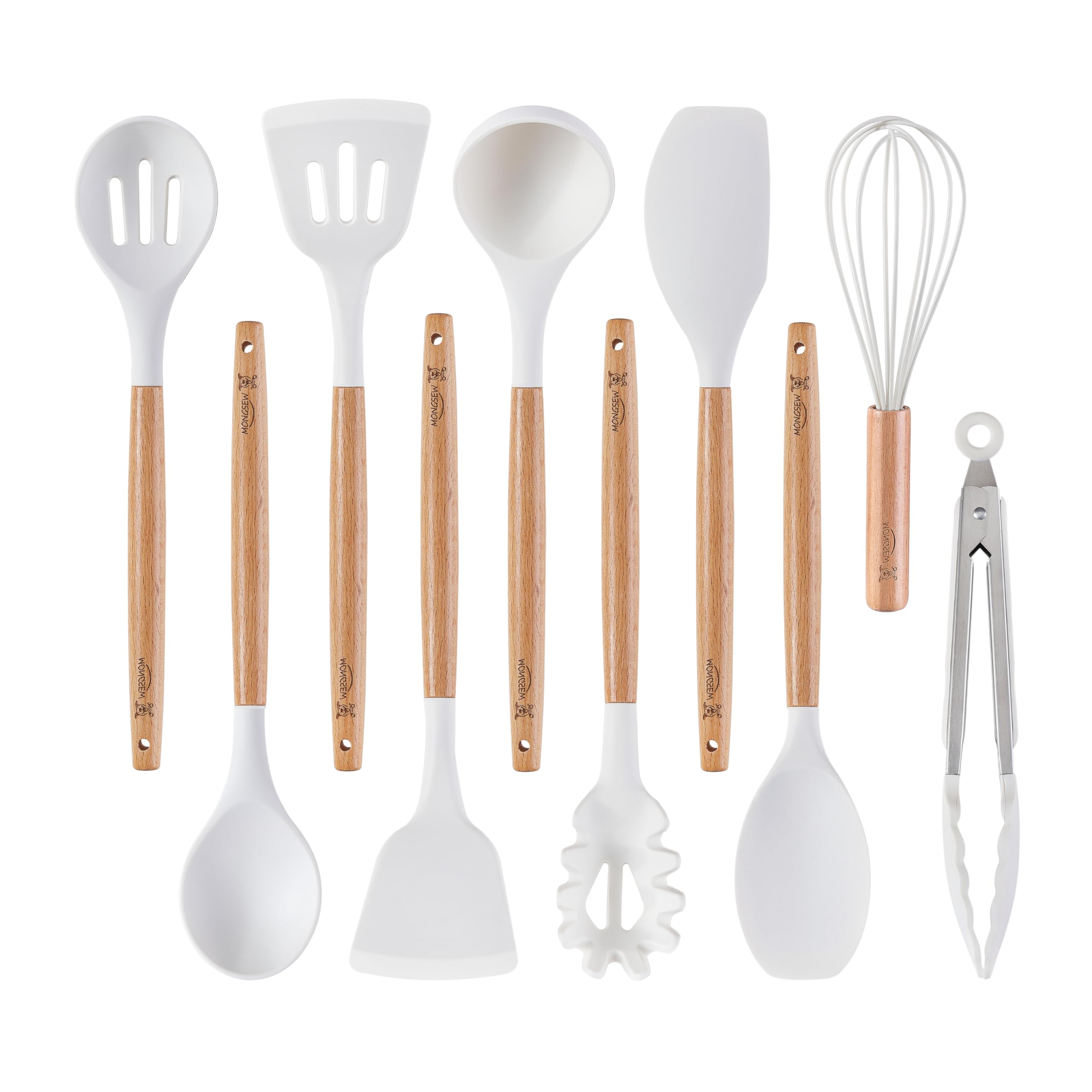 MONGSEW - Juego de utensilios de cocina de silicona, resistentes al calor, con mango de madera, espátula, cuchara, pinzas, batidor (blanco, patrón de perro sonriente)