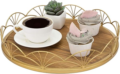Miniatura 6 de MyGift Bandeja decorativa redonda de madera quemada con elegante borde de metal en tono latón, bandeja de tocador de 12 pulgadas