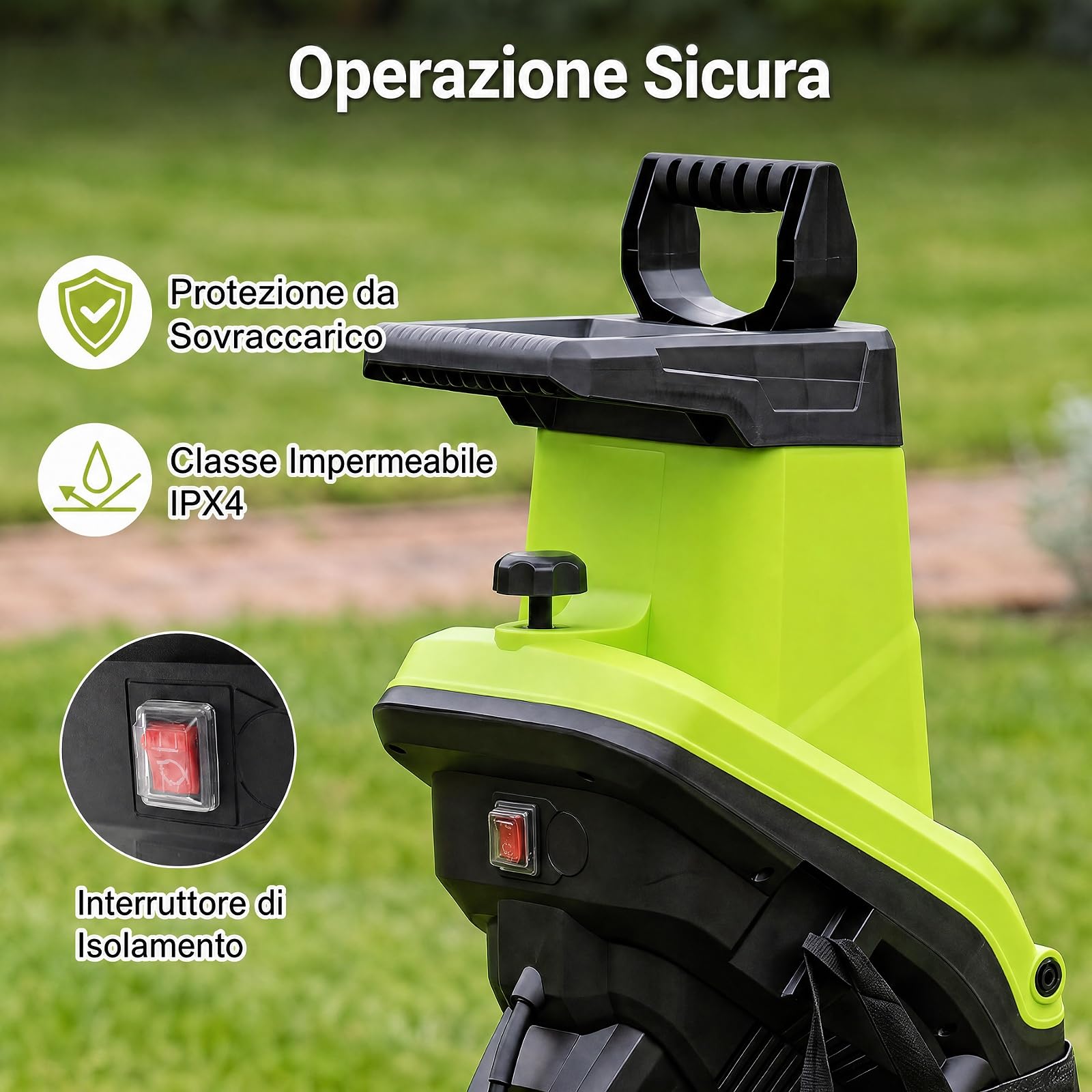COSTWAY Biotrituratore Elettrico 2500 W, Cippatore Trita Legno (Verde) | Trinciatrice da Giardino a Rullo per Rami e Arbusti 45 mm con Sacco 50 L, Lame a Doppio Taglio, Pala Spingirami e Maniglia