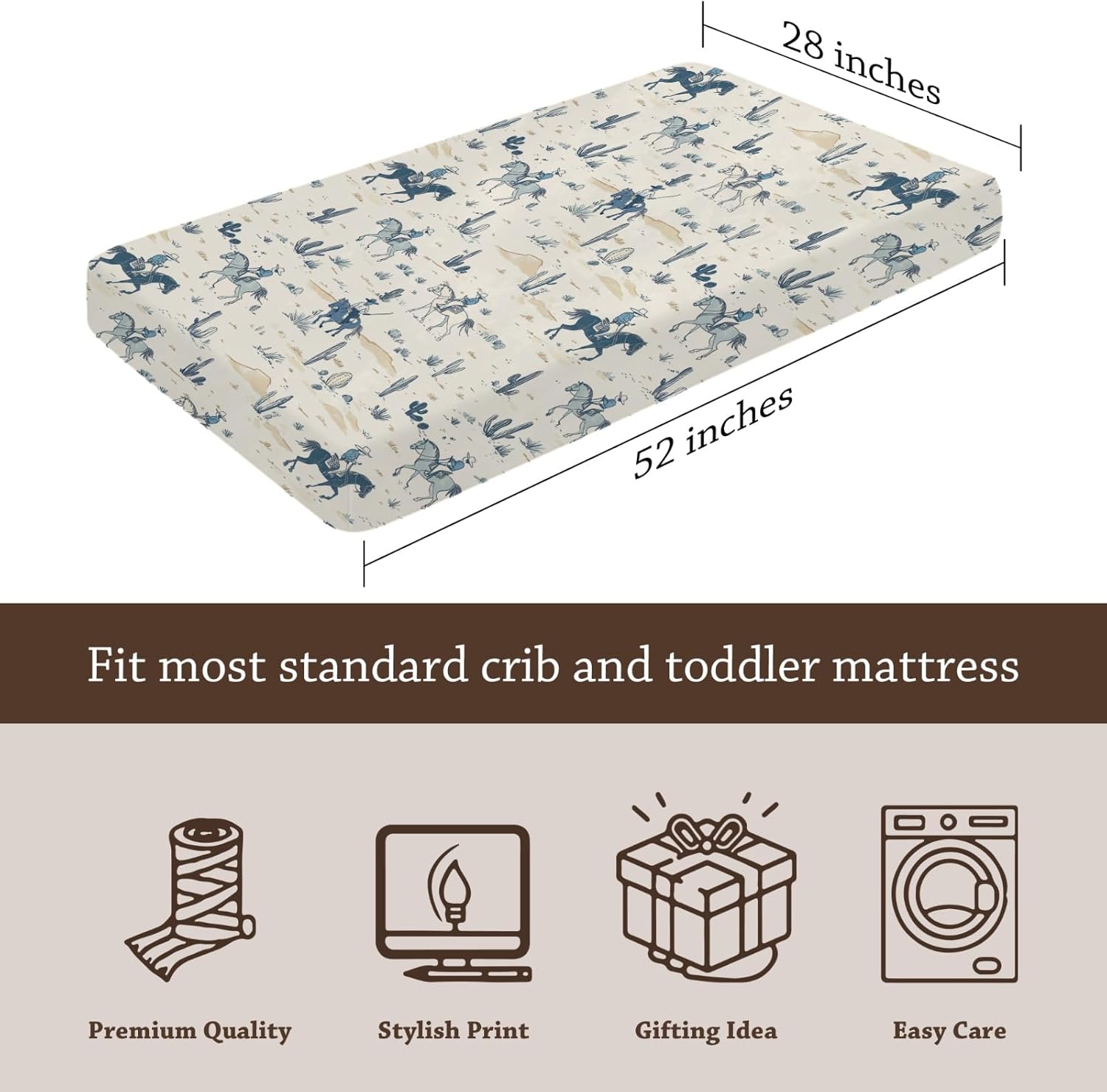 Watercolor Western Cactus Horses Mountains Pattern Baby Sheets for Crib, Unisex Western Nursery Fitted Bed Sheet for Boys Girls Standard Crib and Toddler Mattress-28x52