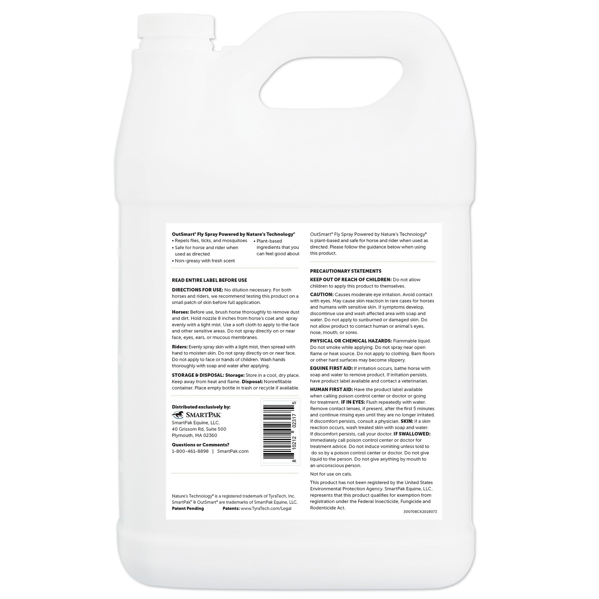 SmartPak OutSmart® Fly Spray | Plant-Based Mosquito, Tick, and Fly Spray Repellent for Horses and Riders, Fresh Scent, 1 Gallon