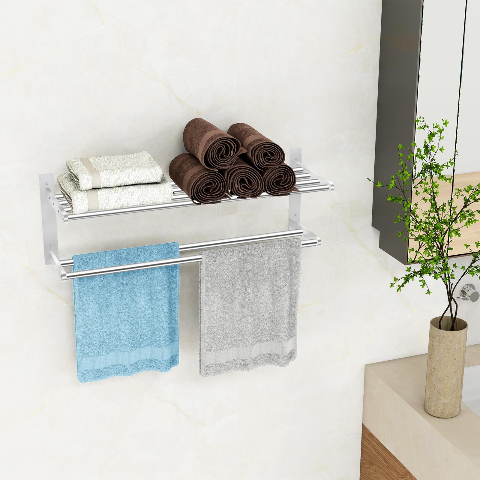 KLJKPA Toalleros de 24 pulgadas para baño, montaje en pared, níquel cepillado | Toallero de 2 niveles con barra de toalla doble, soporte para toallas, almacenamiento de toallas, acero inoxidable