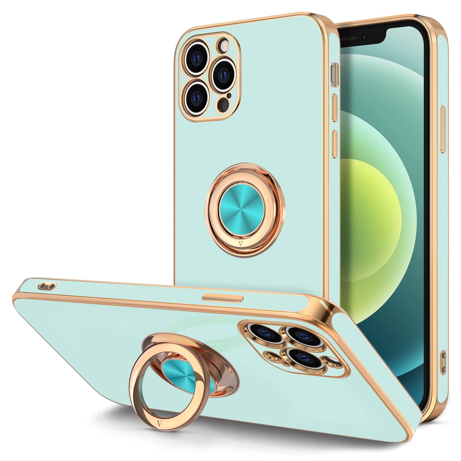 HythonCase for iPhone 12 Pro Max Case with Ring Stand [360° Rotatable Ring Holder Magnetic Kickstand] [Soft Microfiber Lining] Plating Rose Gold Edge Shockproof Protective Phone Cases Cover, Mint