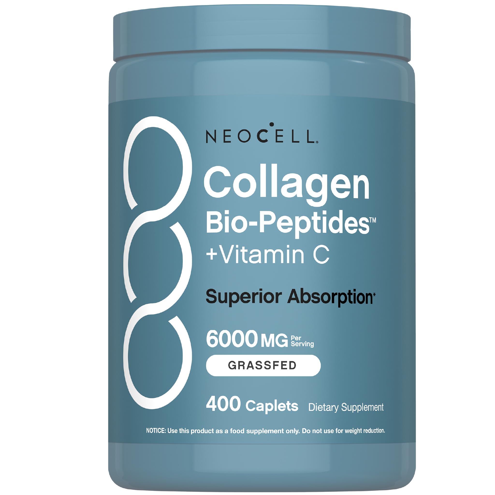 NeoCell Grass Fed Collagen Peptides 400 Caplets Types I III Bio-Peptides with Vitamin C Superior Absorption Formula for