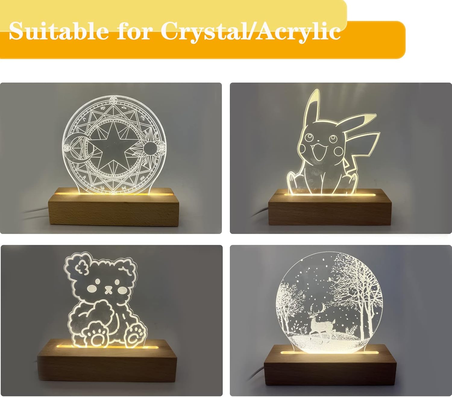 6 inch Rectangle Led Lights Display Bases, 2Pcs Wooden LED Lighted Base Stand for Crystal Glass Resin Art, Home Decor (4PCS Warm Light)