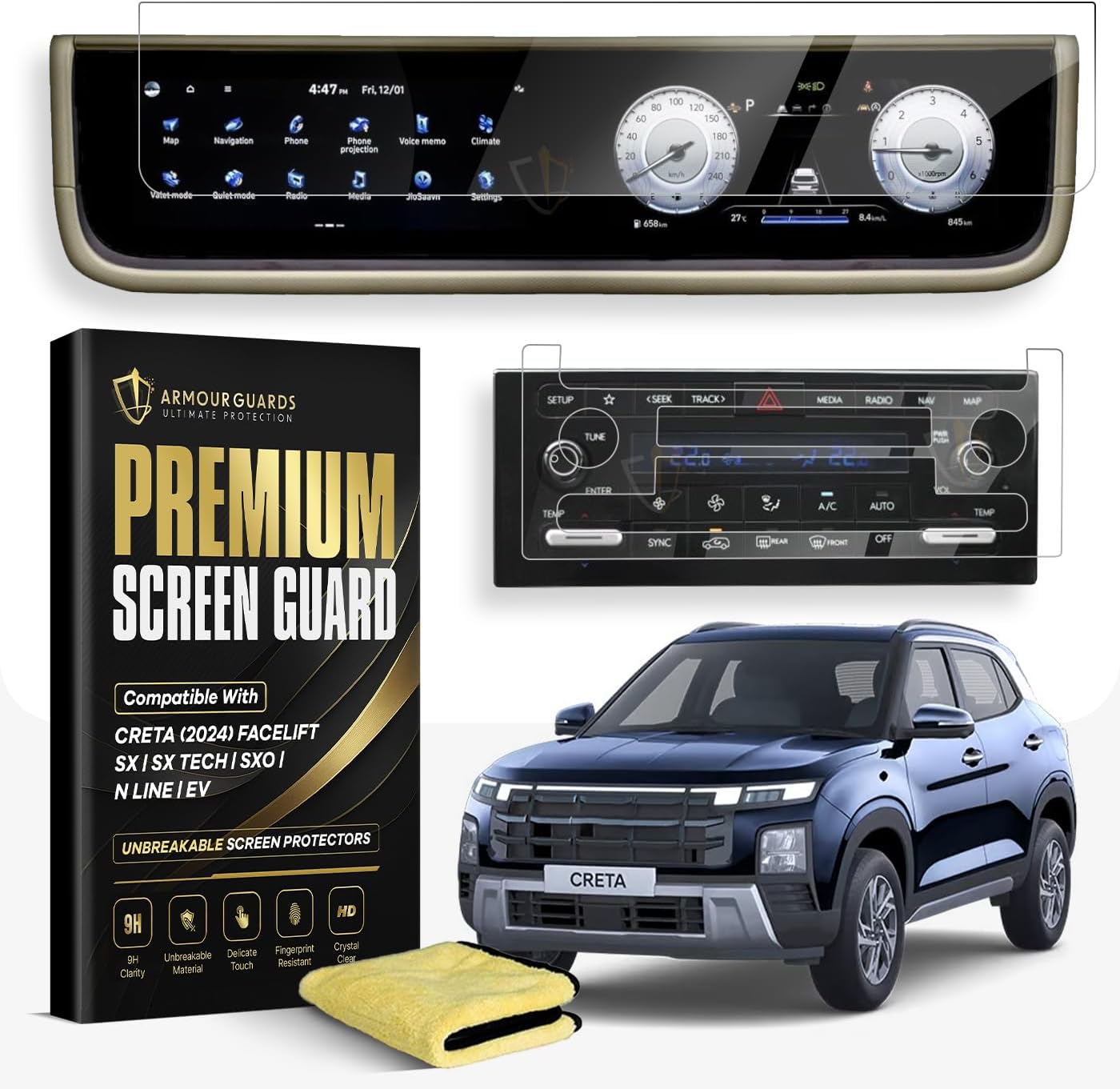 PET Full Screen Protector Combo For Hyundai Creta 2024 Facelift 10.25 Inch Infotainment And Cluster (Sx | Sx Tech | Sxo | N Line | EV) With AC Panel Screen Guard And 1 Microfiber Cloth