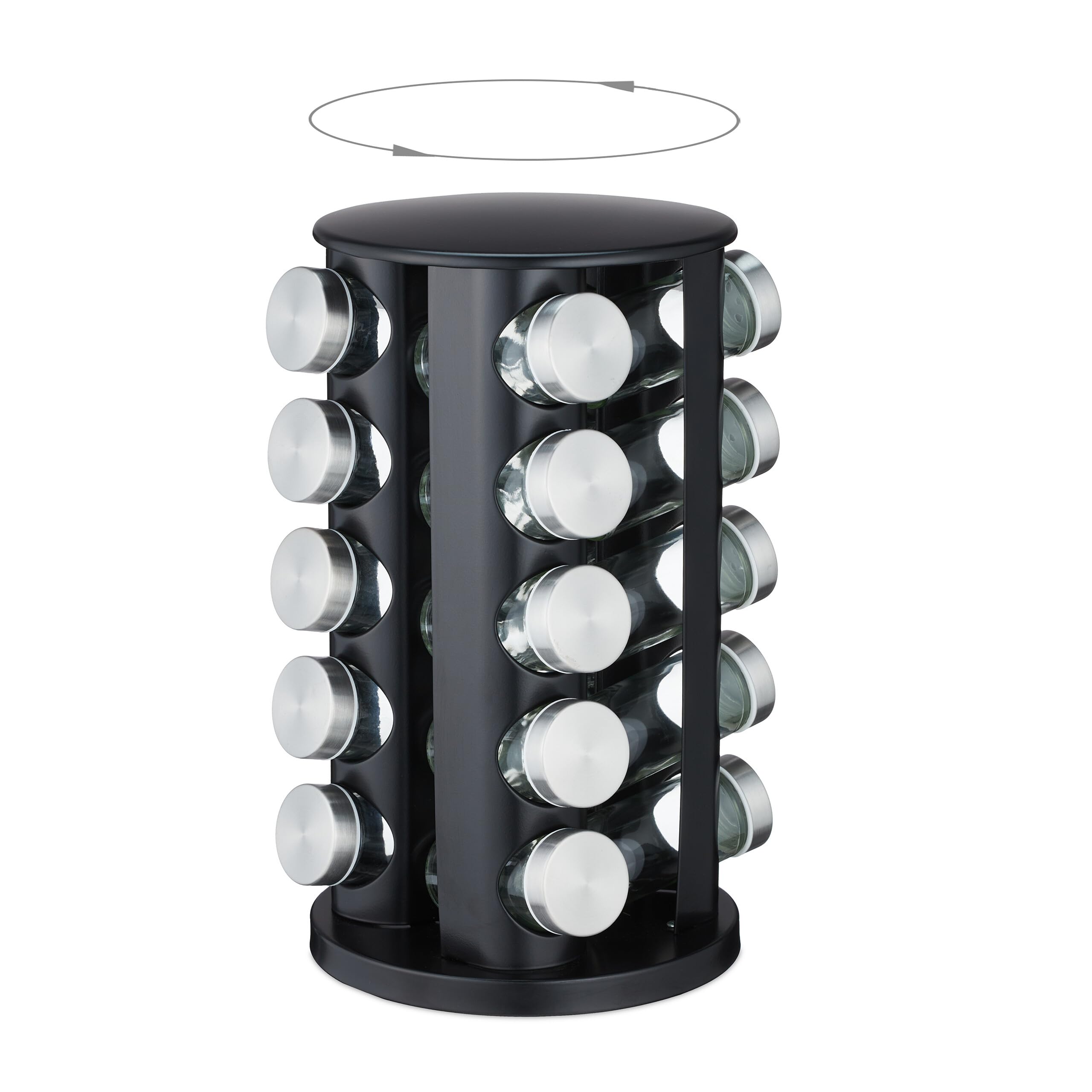 Relaxdays Portaspezie da Cucina, 20 Barattoli Spezie, 80 ml, Girevole a 360°, in Acciaio Inox e Vetro, 34,5x22 cm, Nero