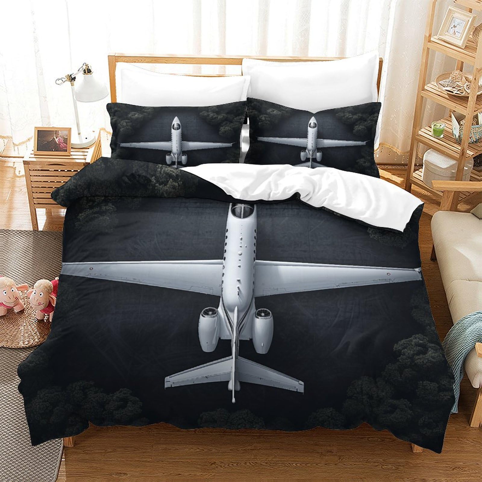 P1S9U7W5Y Aviation Black 3D Printed Airplane Duvet Cover Set 3pcs Microfiber Flying Bedding Set Double（200x200cm）