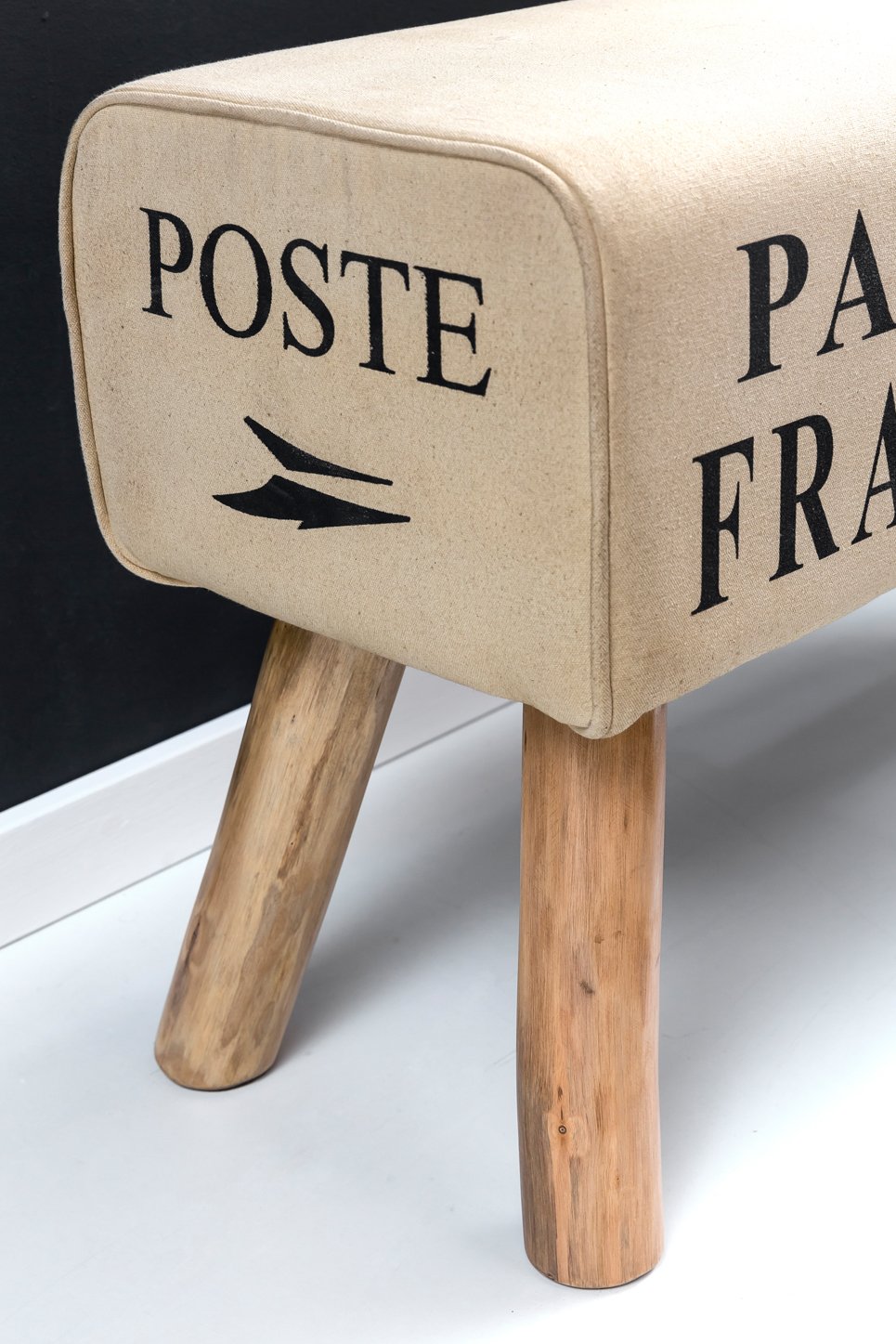FineBuy Design Sitzbank Poste Turnbock 90cm Stoff & Mangoholz - Retro Sitzhocker - Hocker mit Holzbeinen - Sprinbock - Garderobenbank