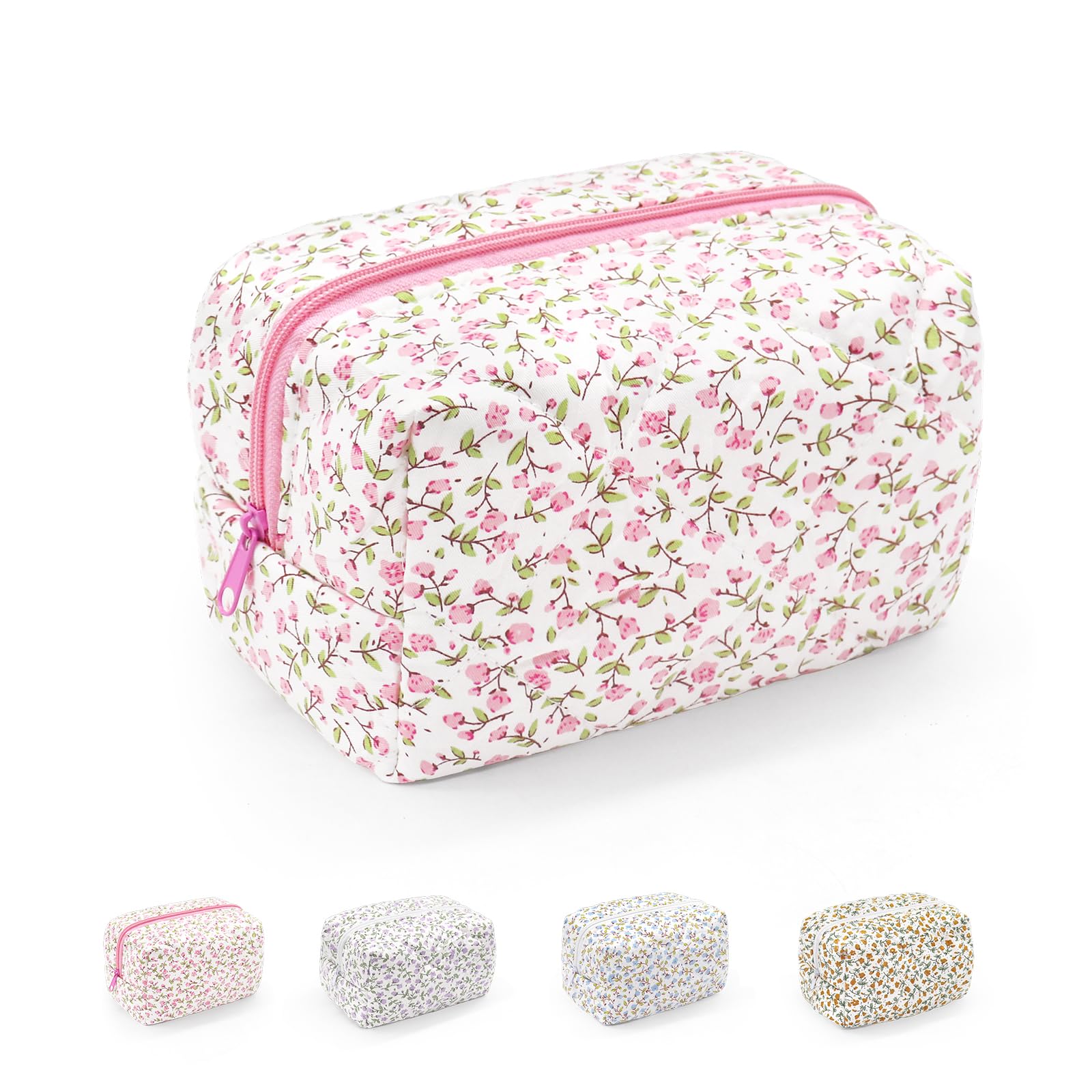 GLGHMHSmall Makeup Bag, Cotton Portable Toiletry Bag, Quilted Floral Cosmetic Bag Wash Organizer Pouch for Women Girls Ladies (Pink)