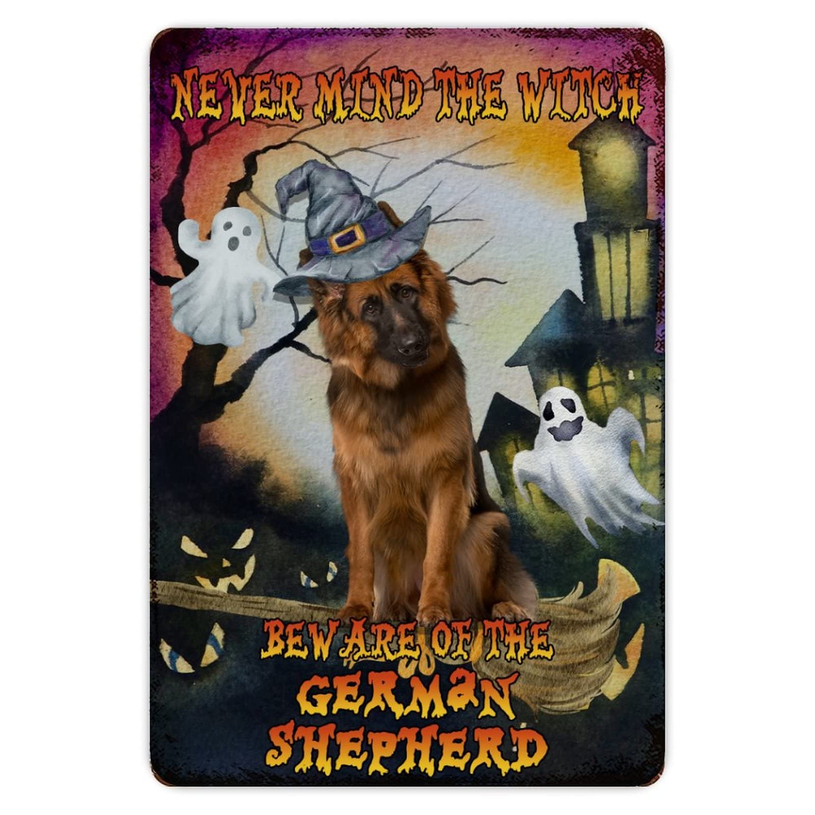ENEDNATE Happy Halloween Never Mind The Witch Beware of The Dog Aluminum Tin Sign 8x12 Waterproof Vintage Metal Sign for School Office Classroom Gate Garage Garden Home Wall Decor Housewarming Gifts