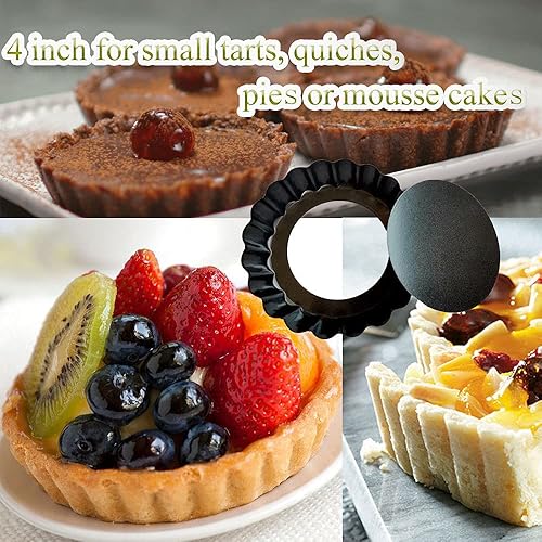 Miniatura 7 de DATANYA Paquete de 16 mini moldes para tartas de 4 pulgadas con parte inferior extraíble redonda antiadherente para quiche, moldes para tartas
