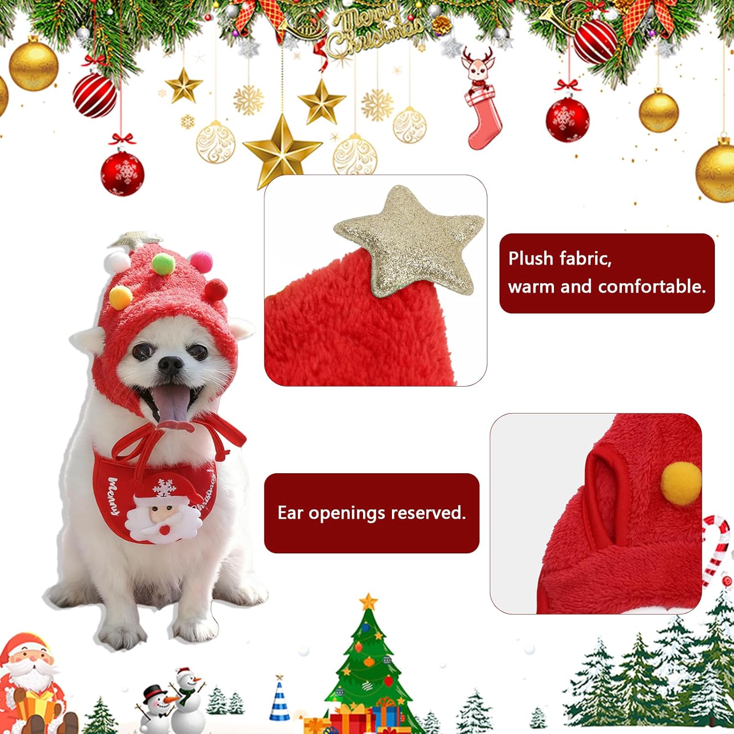 Zephyra Red Christmas Hat for Dogs Cats 4-7.5kg Christmas Hat with Pom Poms for Pets, Adjustable Accessory for Puppies and Kittens, Pet Festive Costume 3