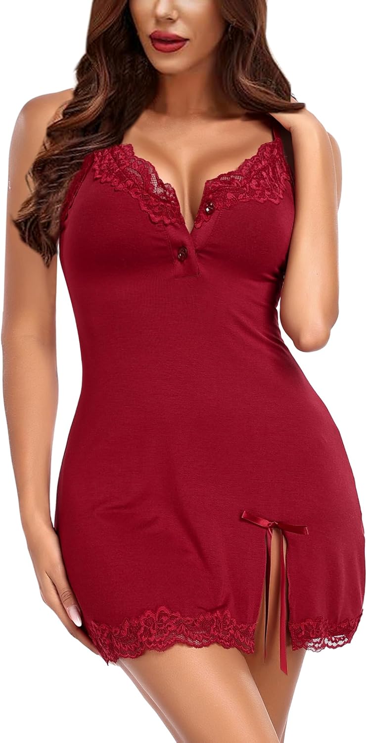 Women's Lingerie Nightgown for Women Spaghetti Strap V-Neck Lace Chemise Babydoll Sexy Sleepwear Slip Nightie - Image 3