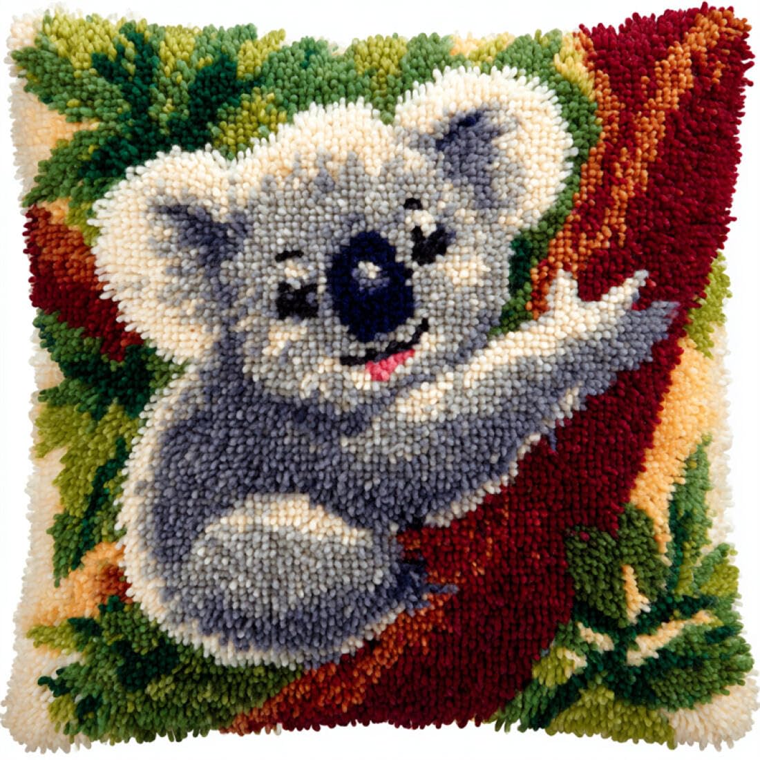 Kitquiver Animal Latch Hook Cushion Craft Kits Koalas in The Tree Crochet Needlework Crafts with Latch Hook Tool for Adults DIY Handmade Home Cushion Kits Decor 17x17In