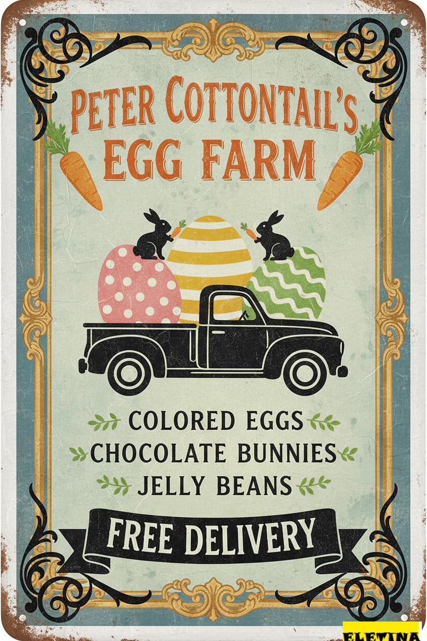 Peter Cottontail Egg Farm Easter Tin Sign, 8x12 Inch