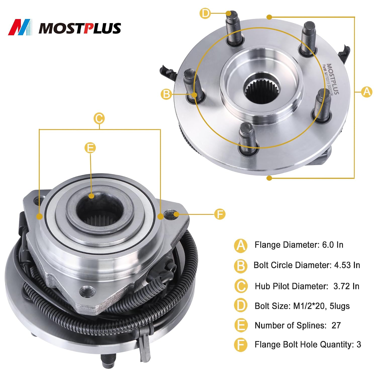 MOSTPLUS Front Left Side Wheel Hub Bearing Assembly 513176 Compatible for 2002-2007 Jeep Liberty 5 Lugs W/ABS