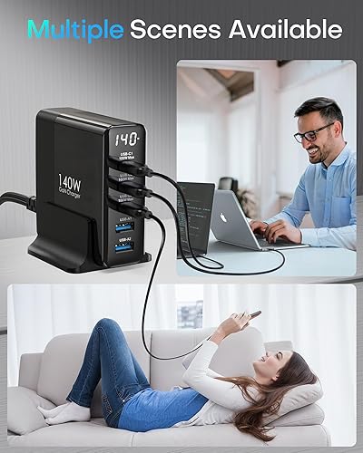 Miniatura 5 de Estación de carga USB C de 140 W con pantalla, bloque de cargador USB C GaN de 5 puertos, cargador USB de 100 W, cargador para portátil compatible