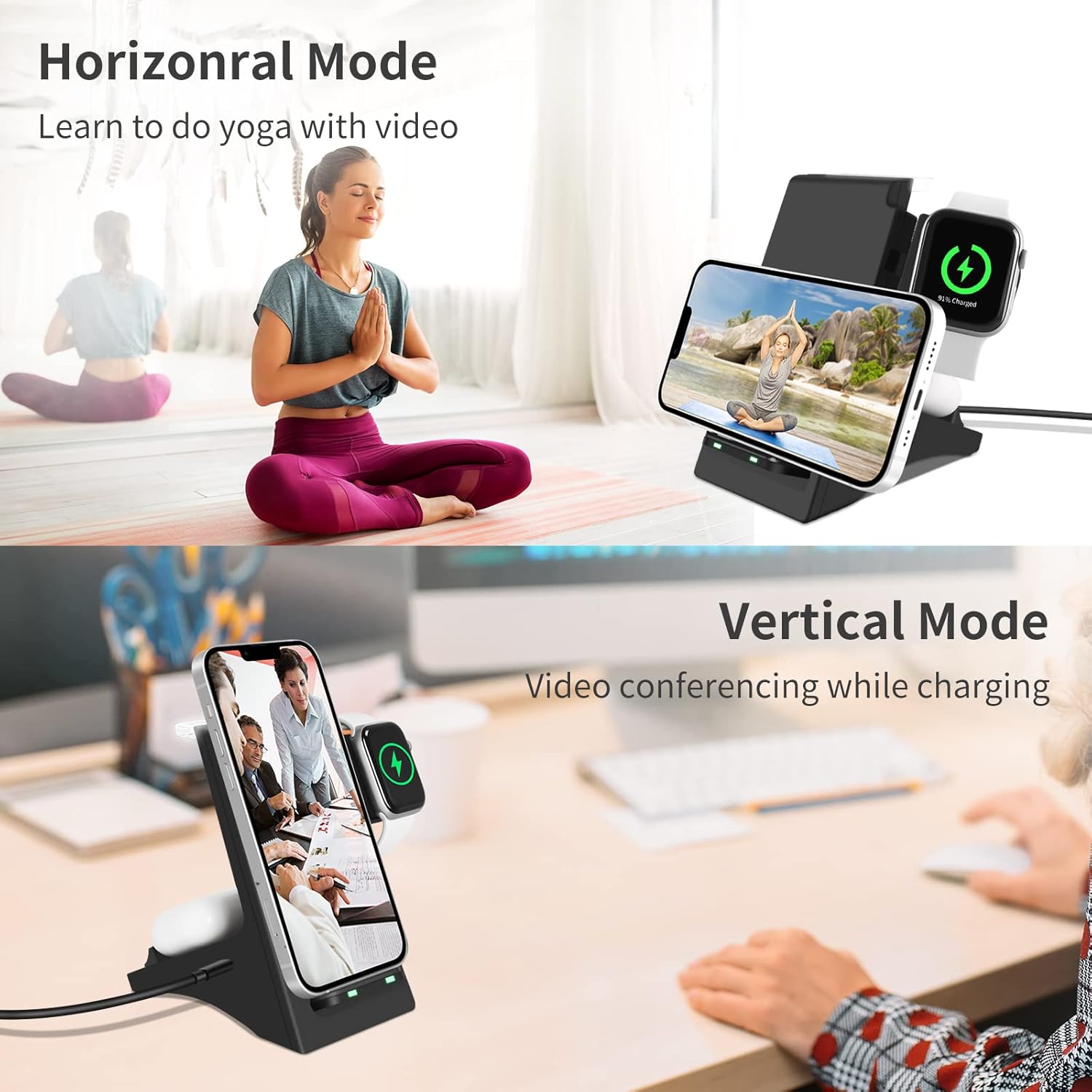 Wireless Charger, 3 in 1 Wireless Fast Charging Stand Dock for Apple Watch 6/5/4/3/2, Airpods 2/Pro, iPhone 13/13 Pro/13 Pro Max /12/11/Pro/Pro Max/X/Xr, and Other Qi-Certified Phones-Black