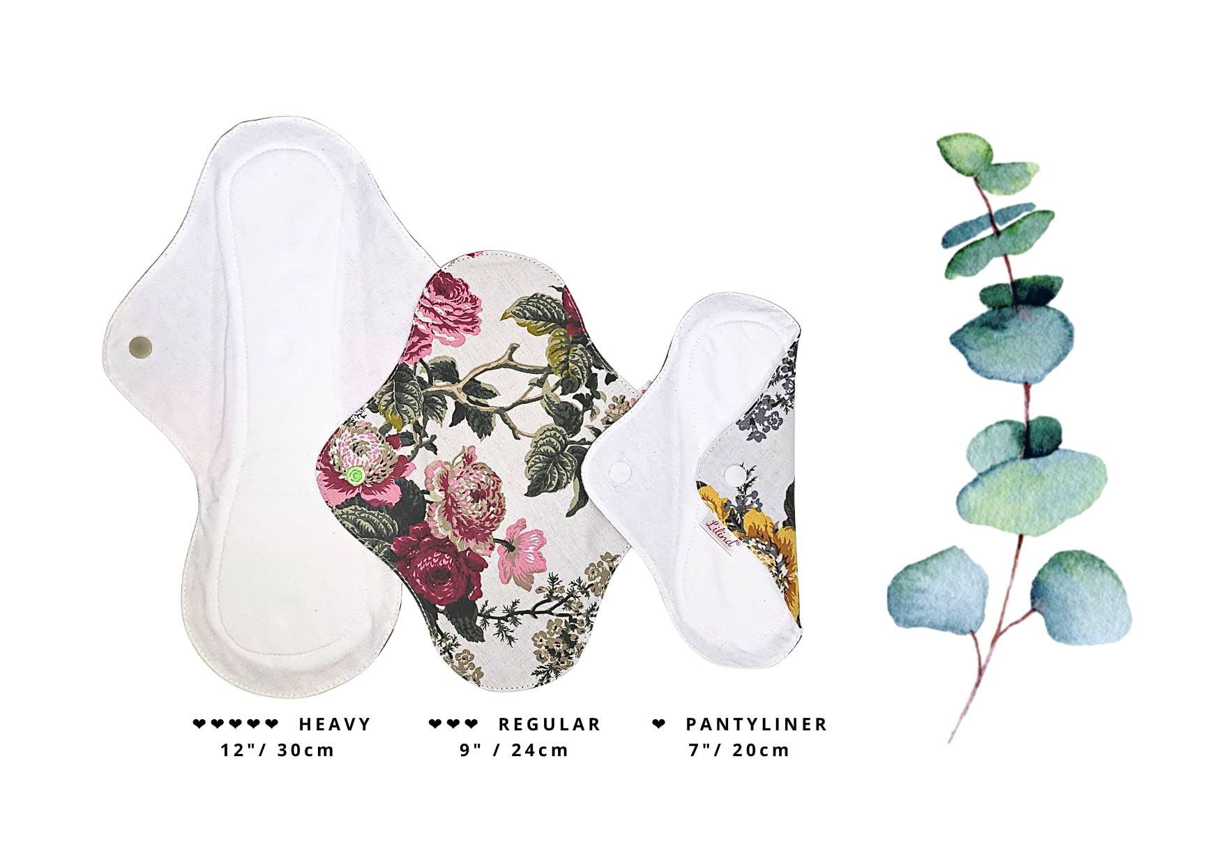 Lilind 6 Stück 30 cm schwere Bio-Tucheinlagen, Starter-Set, wiederverwendbar, wasserdicht, Menstruationsbinden, 100 % Baumwolle, Rosenpfingstrosen