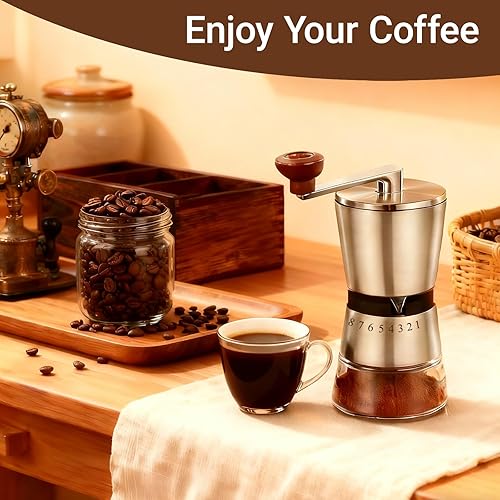 Miniatura 7 de Molinillo de café manual de cerámica con 8 ajustes de grosor ajustables para granos de espresso fríos, prensa francesa, verter sobre goteo, manivela