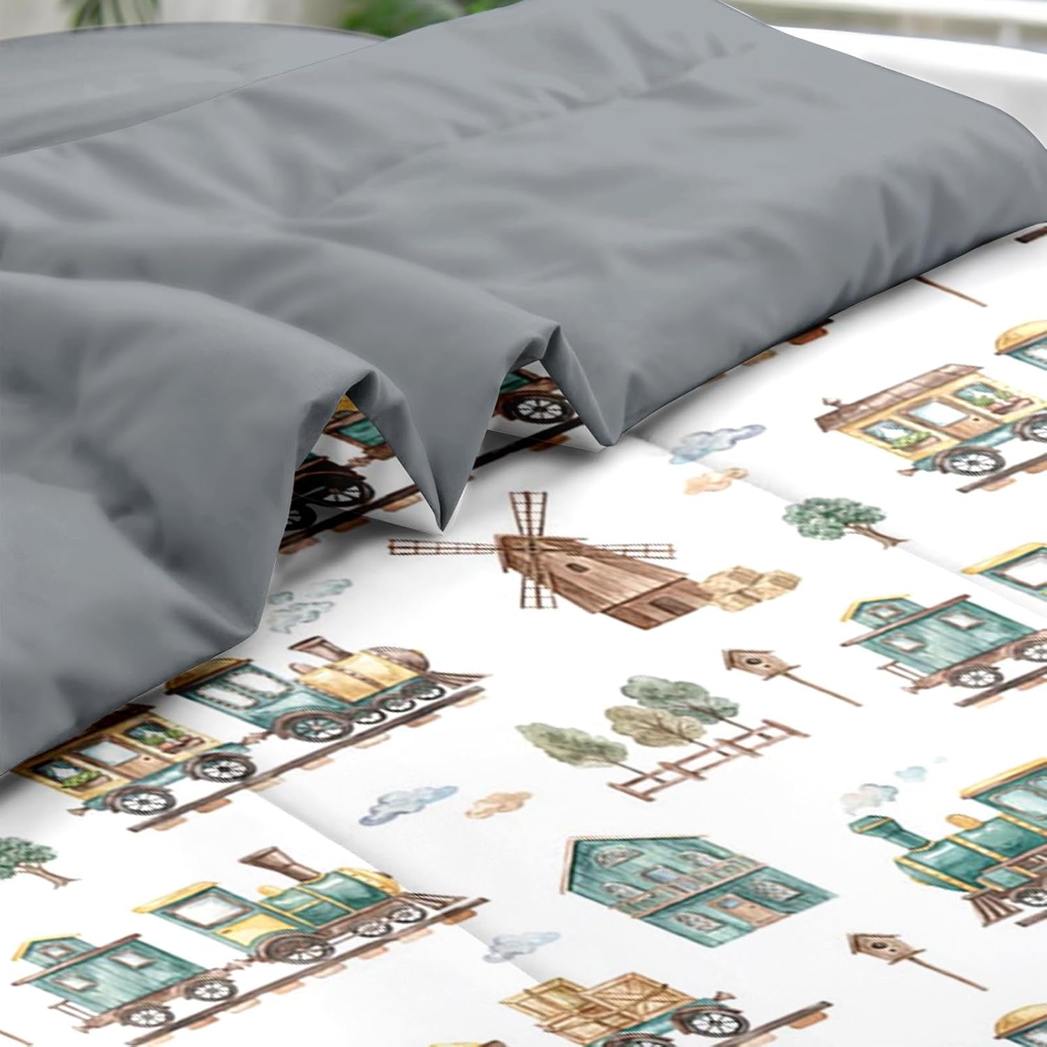 Pamnest Comforter Set Twin Size, Cute Cartoon Train 5 Pcs Bedding for Kids and Adults, Green Barn Tree Bed Sheet Sets with Fitted Sheet Pillowcase & Sham for Bedroom Bed Decor
