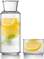 DmmyAlzx Bedside Water Carafe Set: 27oz Vertical-Striped Glass Pitcher with 7.1oz Tumbler Lid for Nightstand, Bathroom, Office