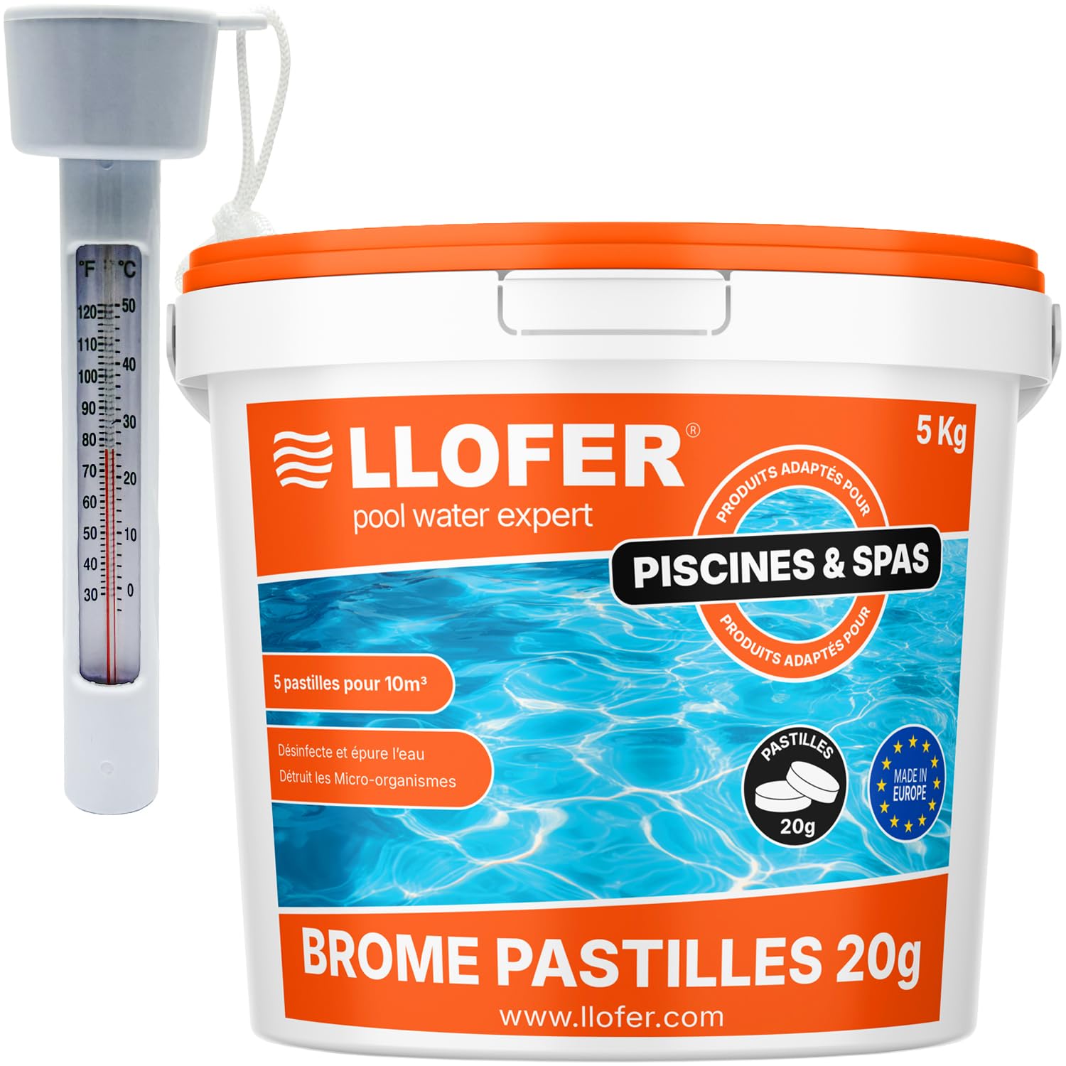 Pack Brome Piscine 5 kg + Thermomètre Piscine Inclus - Pastilles 20 g - Désinfection Longue Durée - sans Odeur de Chlore - Haute Tolérance au pH - Fabriqué en Europe