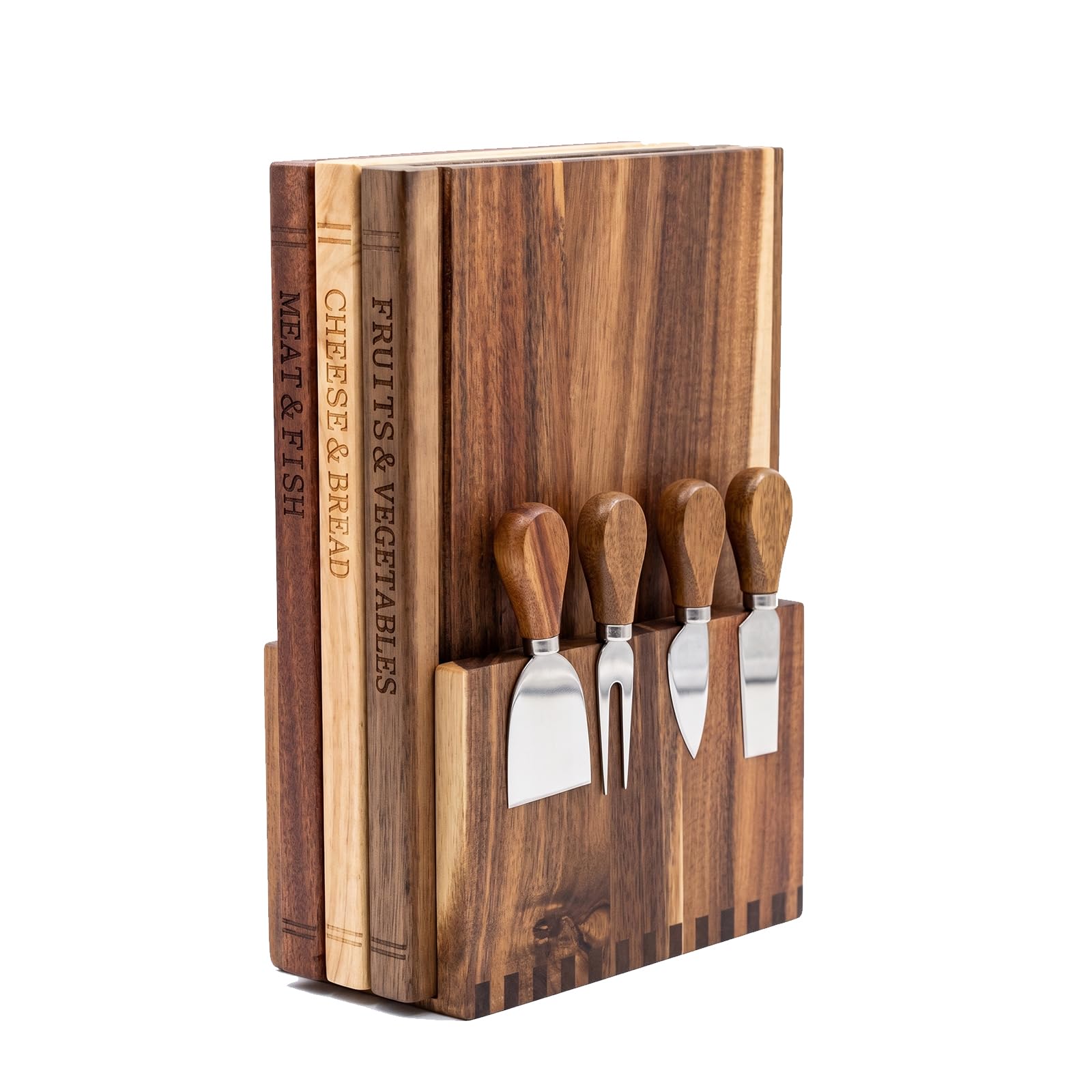 Set de 3 Tablas de Cortar con Forma de Libro para Cocina, Tabla de Quesos y Jamón de Acacia con 4 Cuchillos y Soporte, Regalo de Inauguración de Casa, 33x25x2 cm