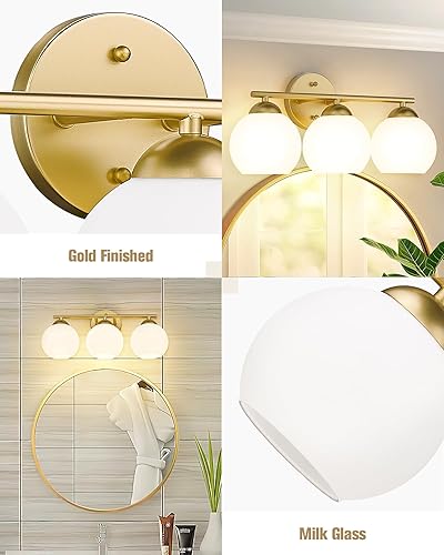 Miniatura 3 de Emak Moderna lámpara de tocador de globo de 3 luces, accesorios de iluminación de baño dorados con pantalla de vidrio de leche para baño,