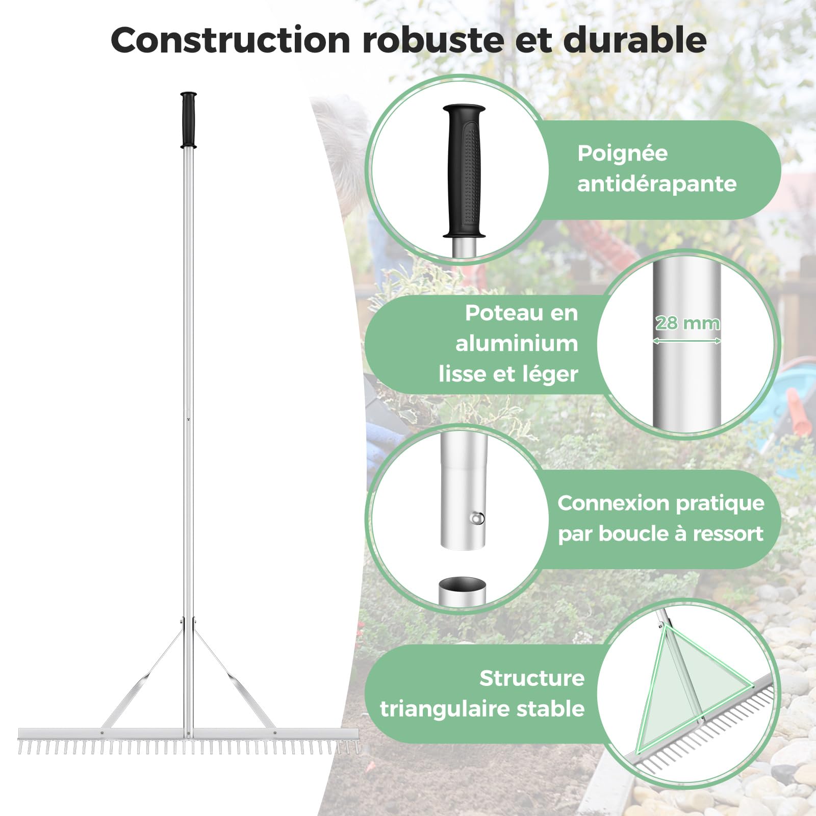 COSTWAY Râteau de Jardin en Aluminium avec Large Tête de 91 cm, Rateau de Paysage avec Manche de 174 cm de Long et 36 Dents, Outils de Jardin pour Bord du Lac Étang et Plage