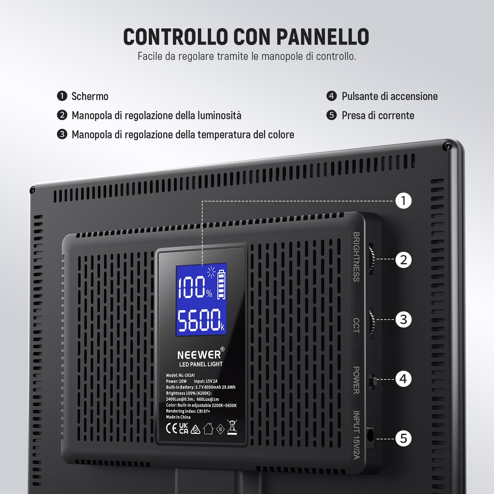 NEEWER Pannello Luce Video a 192 LED, Luce Fotocamera DSLR Ultra Sottile Bicolore Dimmerabile 20W, Batteria al Litio 4000mAh, 3200K-5600K CRI97+, Key Light per Fotogragrafia Riprese e Streaming Studio
