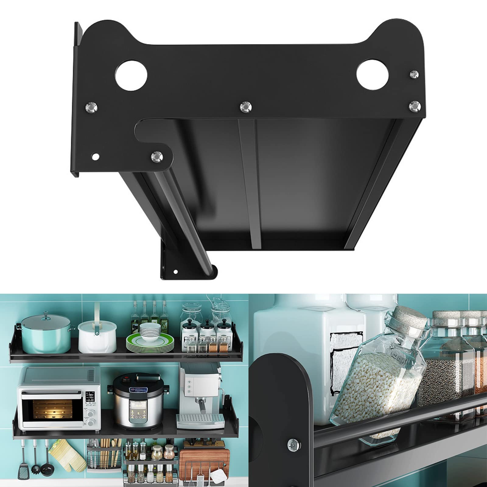 HJXGQJM Acero Inoxidable Soporte for Microondas, Montaje En Pared Escuadras Estanterias,Estante De Horno De Microondas Estante De Frasco De Especias con 5 Ganchos,Negro Estante de Microondas(50x25cm)