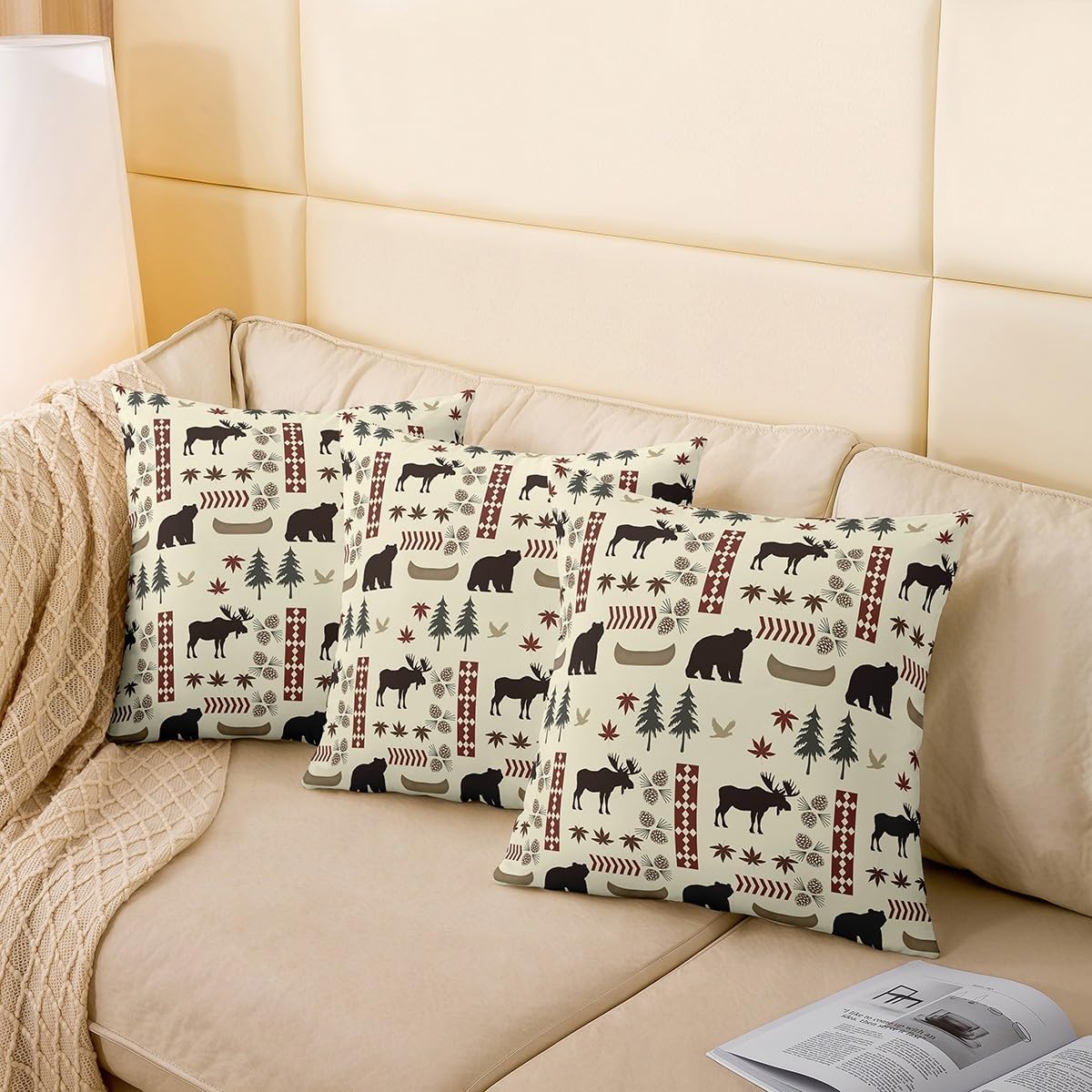 Hunt Animal Throw Pillow Covers 24"x24" Bear Elk Deer Silhouette Pillow Cases Bohemia Tribal Style Cushion Cover Jungle Pine Tree Leaves Pillow Covers for Couch Sofa,Set of 2