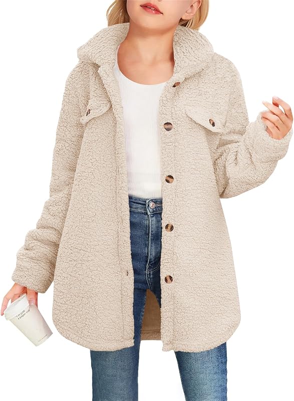 Girls Fuzzy Fleece Jacket Casual Button Down Sherpa Jacket Coat