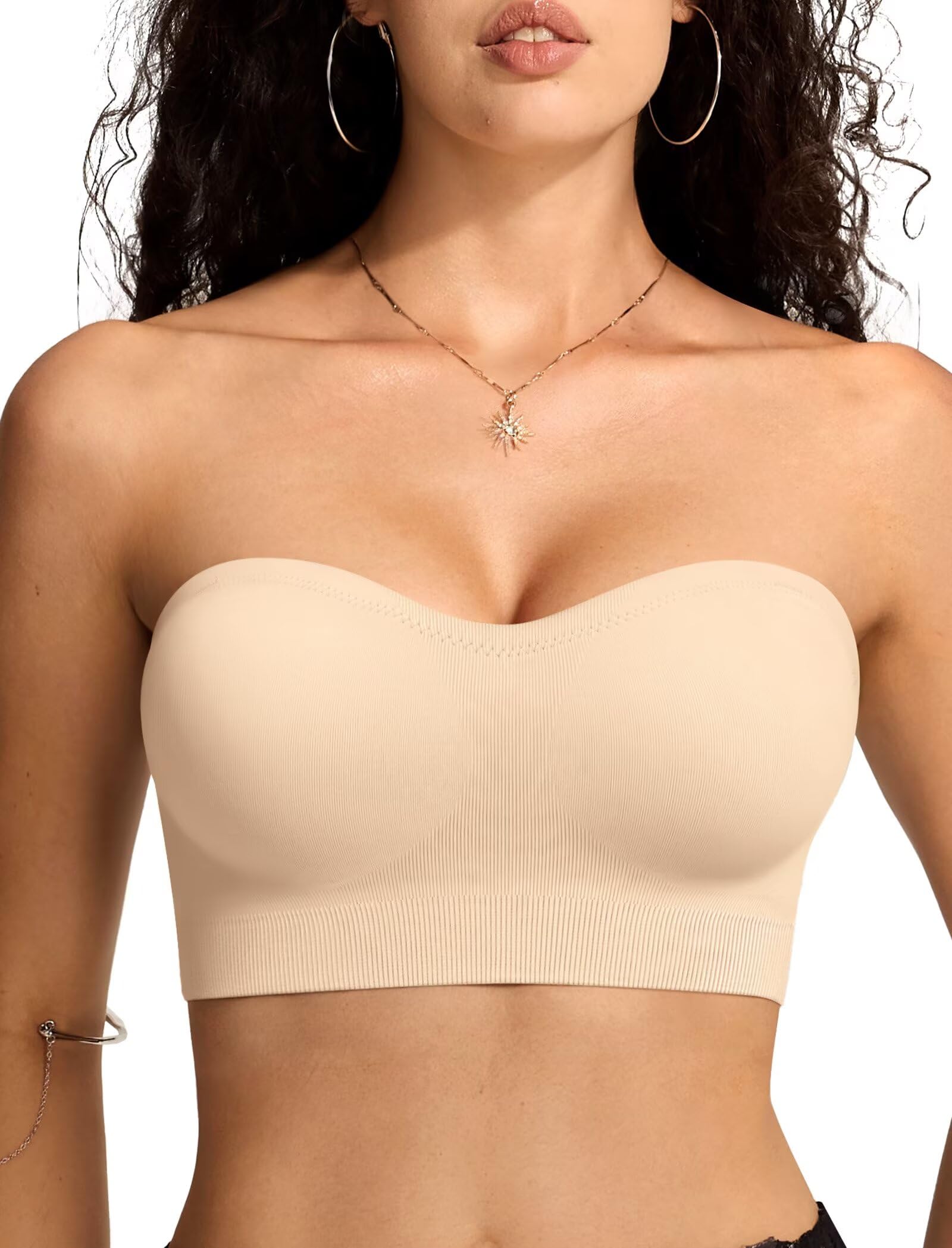 Vertvie Womens Wireless Strapless Bras Supportive Bandeau Top No-Slip Push Up Bra Full Coverage Bralettes(Large,Beige)