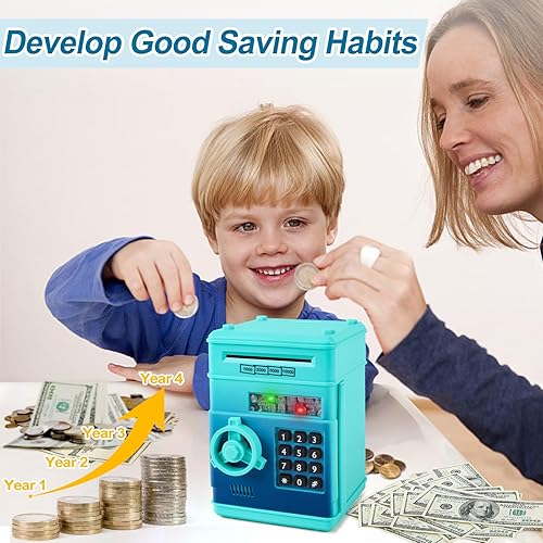 Miniatura 22 de Refasy - Alcancía electrónica con forma de cajero automático, para billetes y monedas, seguro para niños, regalo genial Rosa