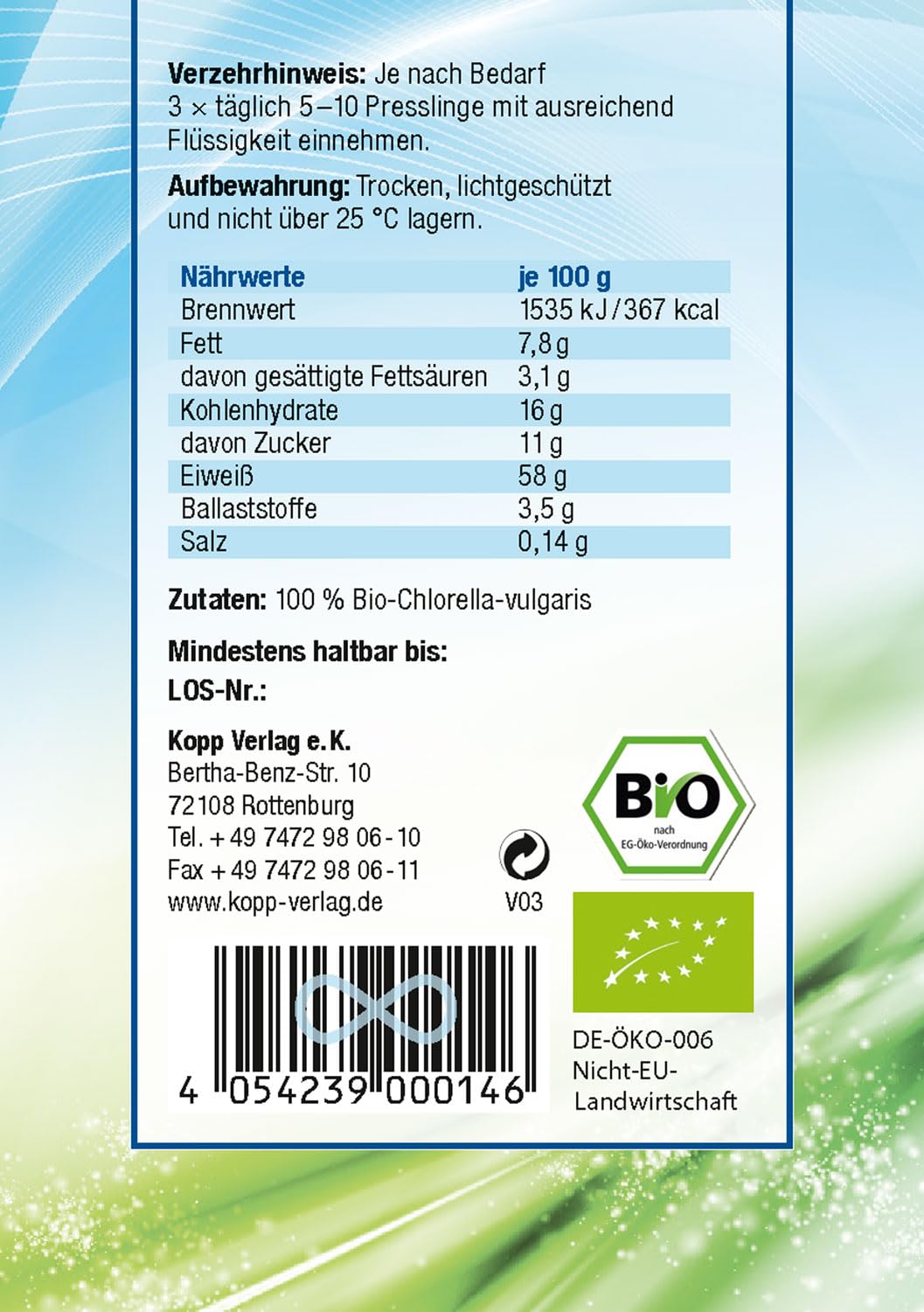 KOPP Vital® Bio Chlorella Presslinge | Premium Chlorell | 200 g | 500 Presslinge à 400 mg | Bio-Qualität | ohne Gentechnik