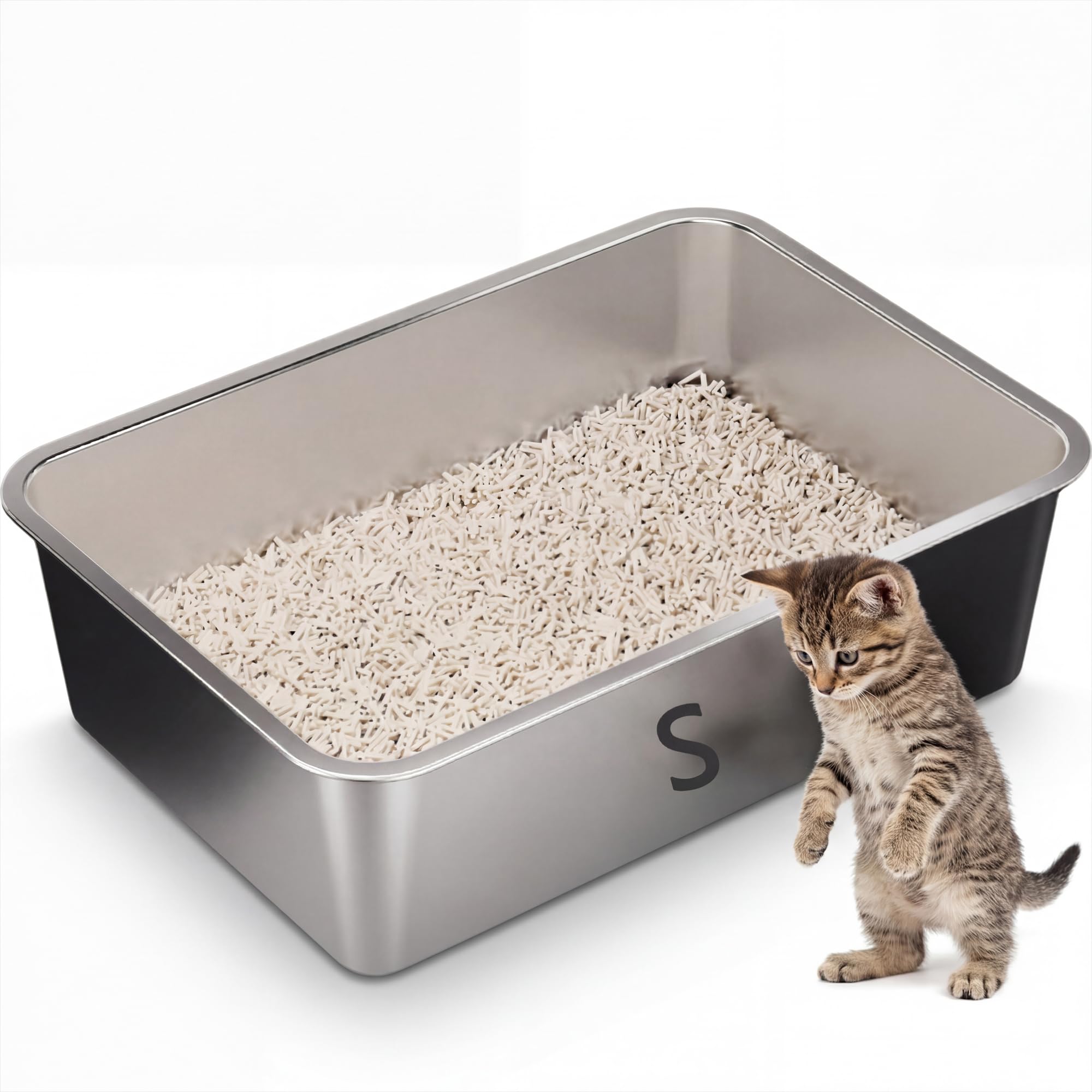 Suhaco Stainless Steel Cat Litter Tray High Sided Litter Box Kitten Litter Trays for Rabbits & Small Cats Litter Boxes (S/45 * 35 * 10cm)