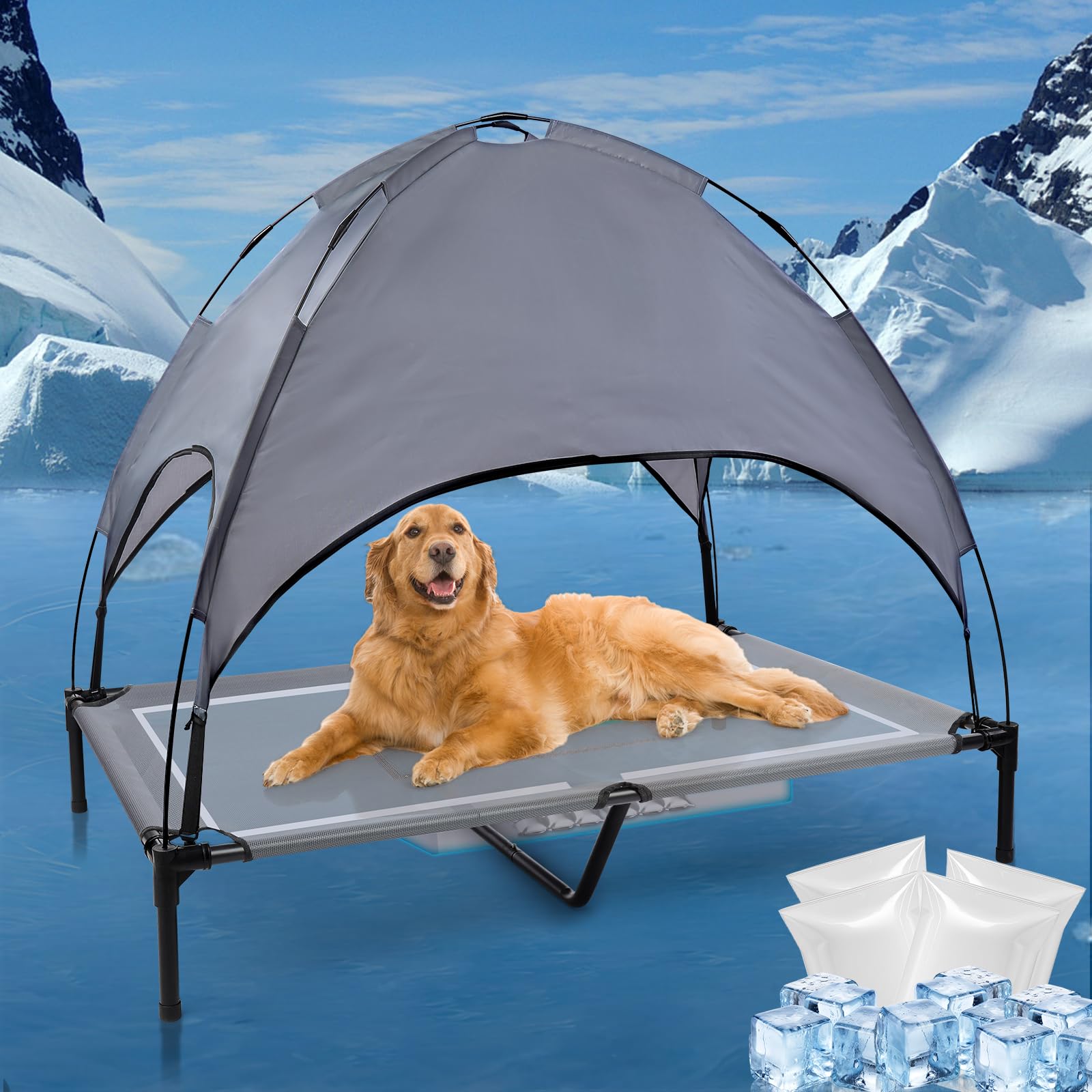 Photo 1 of 48'' Outdoor Elevated Dog Bed with Canopy, Raised Dogs Bed Medium Large Size Dogs with Six Support Feet, Breathable Cooling Dog Cot Beds, Outdoor Dog Hammock Bed,Outside Pet Bed with 4 Ice Pack(Large)