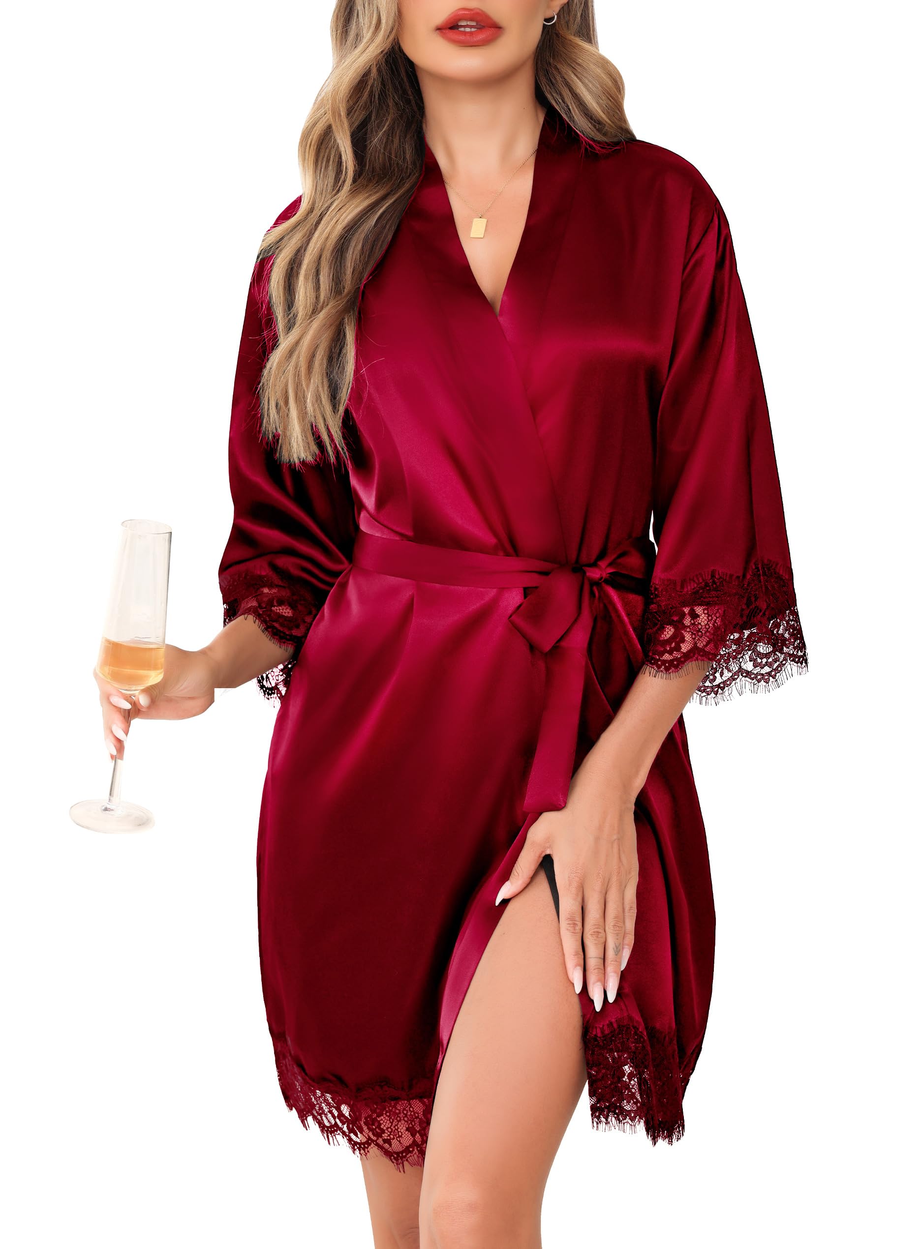 Lovasy Bademantel Damen Satin Kurz Kimono Manschetten aus Spitze Sexy Japanisch Morgenmantel für Damen Braut Team Bride Hochzeit Party Pyjama mit Gürtel