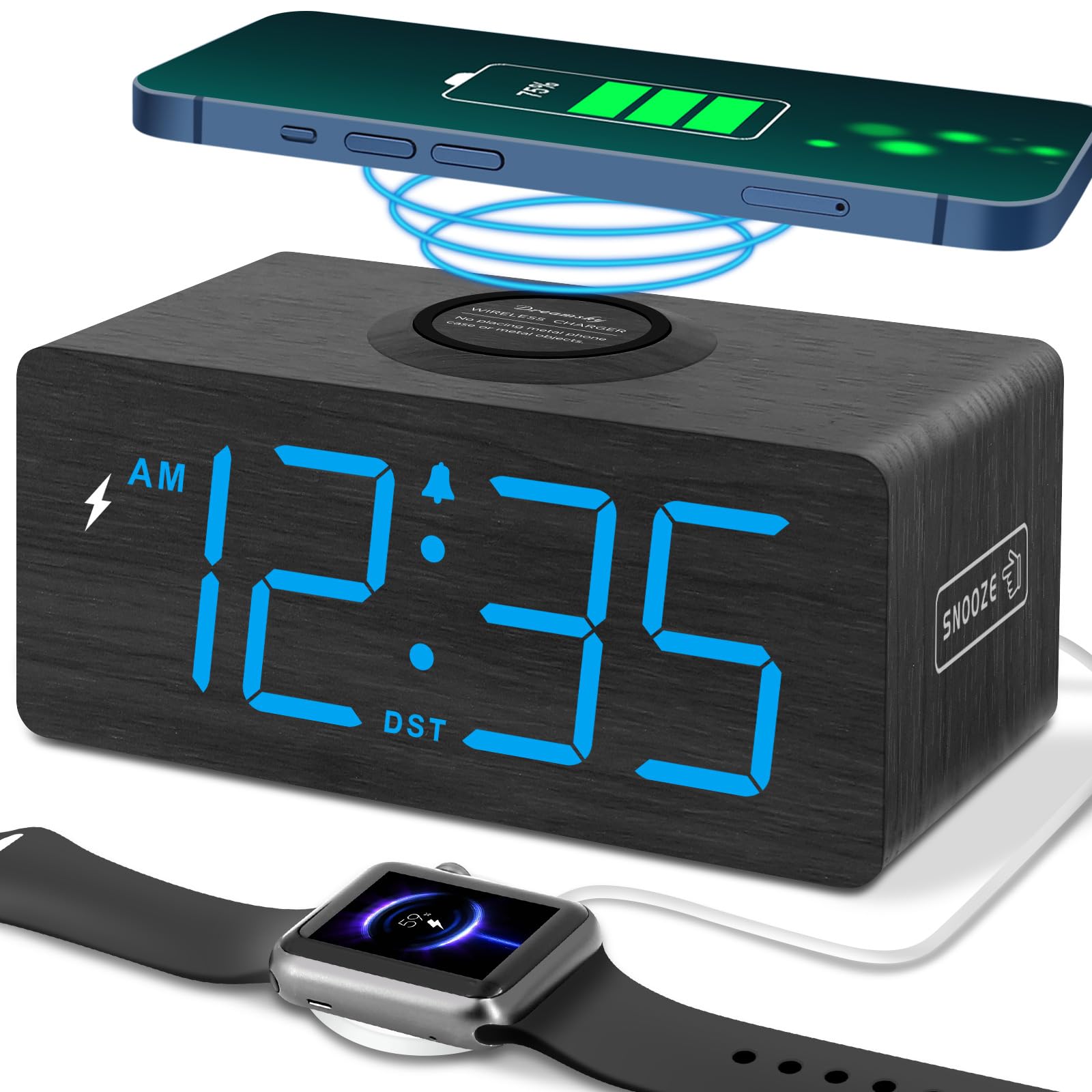 DreamSky Reloj despertador digital de madera con carga inalámbrica para dormitorio
