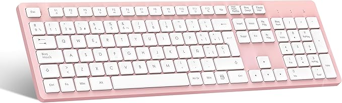 LeadsaiL Teclado Inalámbrico Rosa QWERTY Español Teclado USB Ergonómico Inalámbrico de Tamaño Completo, Teclado Numérico Teclas, 12 Accesos Directos Multimedia para Windows Mac PC Ordenador Portátil