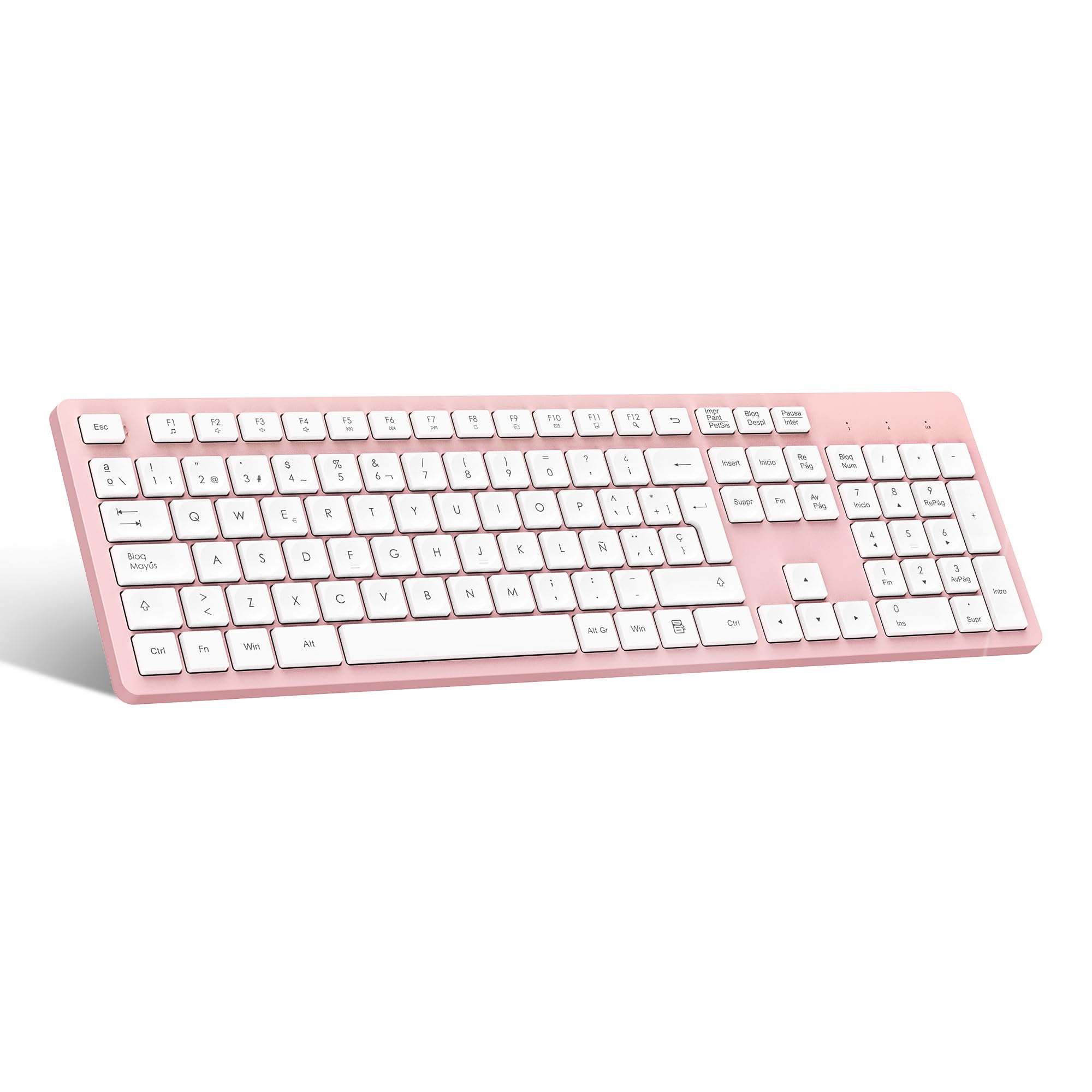 LeadsaiL Teclado Inalámbrico Rosa QWERTY Español Teclado USB Ergonómico Inalámbrico de Tamaño Completo, Teclado Numérico Teclas, 12 Accesos Directos Multimedia para Windows Mac PC Ordenador Portátil