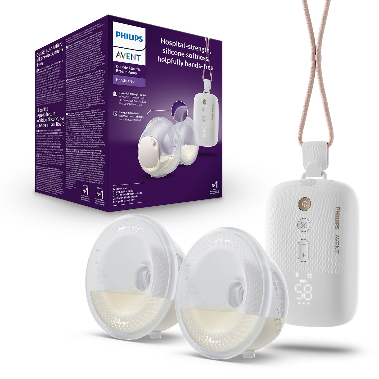 Philips AVENT SCF532/11 podwójny elektryczny laktator do szpitala, pompa do 85 razy na minutę, ultralekkie kubki do kolekcji, silikonowe osłony SkinSense, SCF532/11