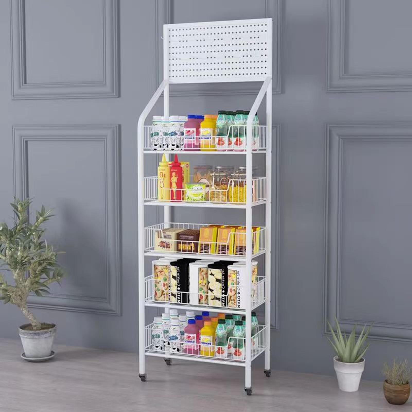 Wielofunkcyjny stojak, metalowy stojak, wózek na kółkach, przekąski i zabawki owocowo-warzywne, regały kuchenne do restauracji (biały, 23,6 x 10,6 x 55 cali)