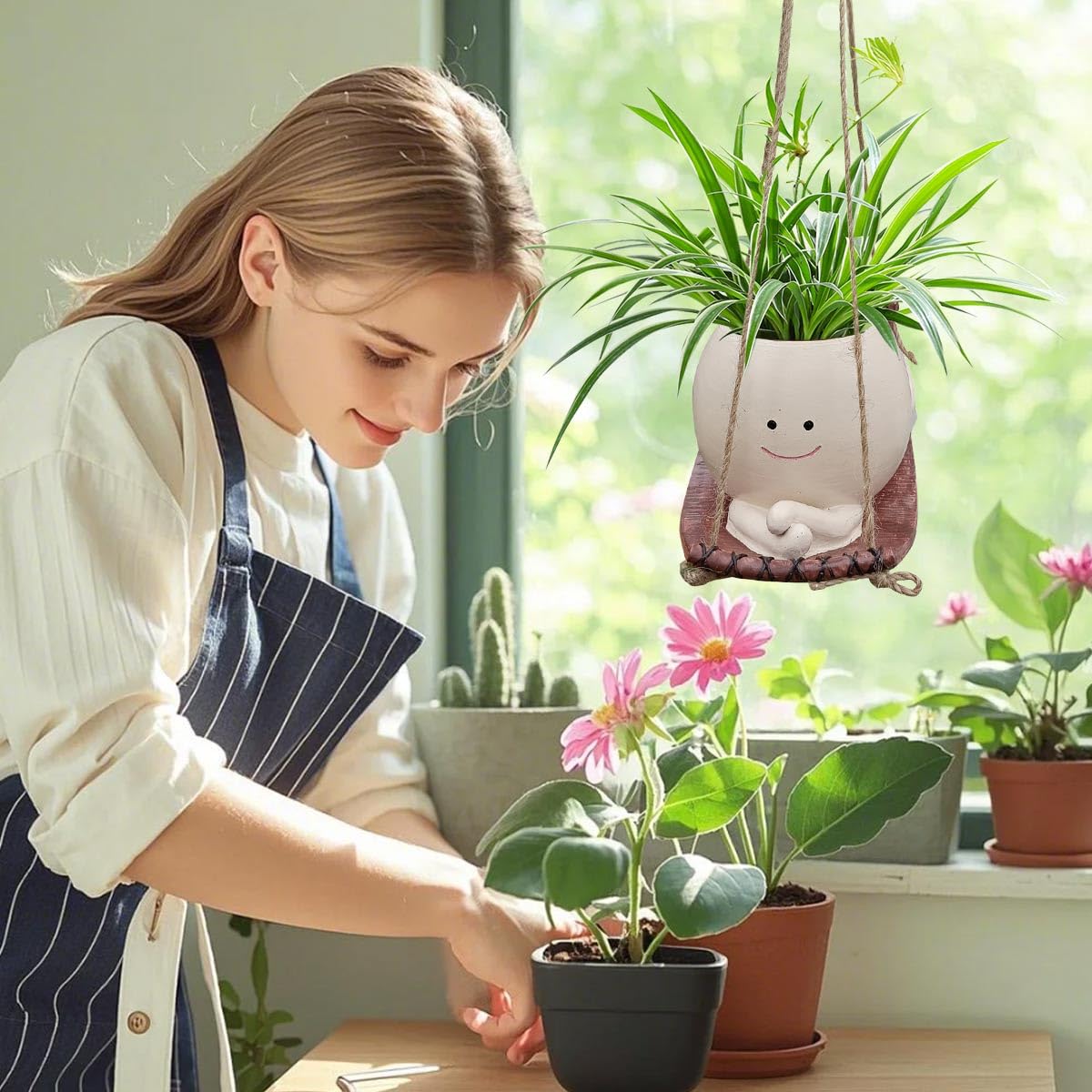 Hängender Blumentopf Mit Schaukelndem Gesicht – Aus Harz, Für Drinnen & Draußen, Niedliches Pflanzendekor