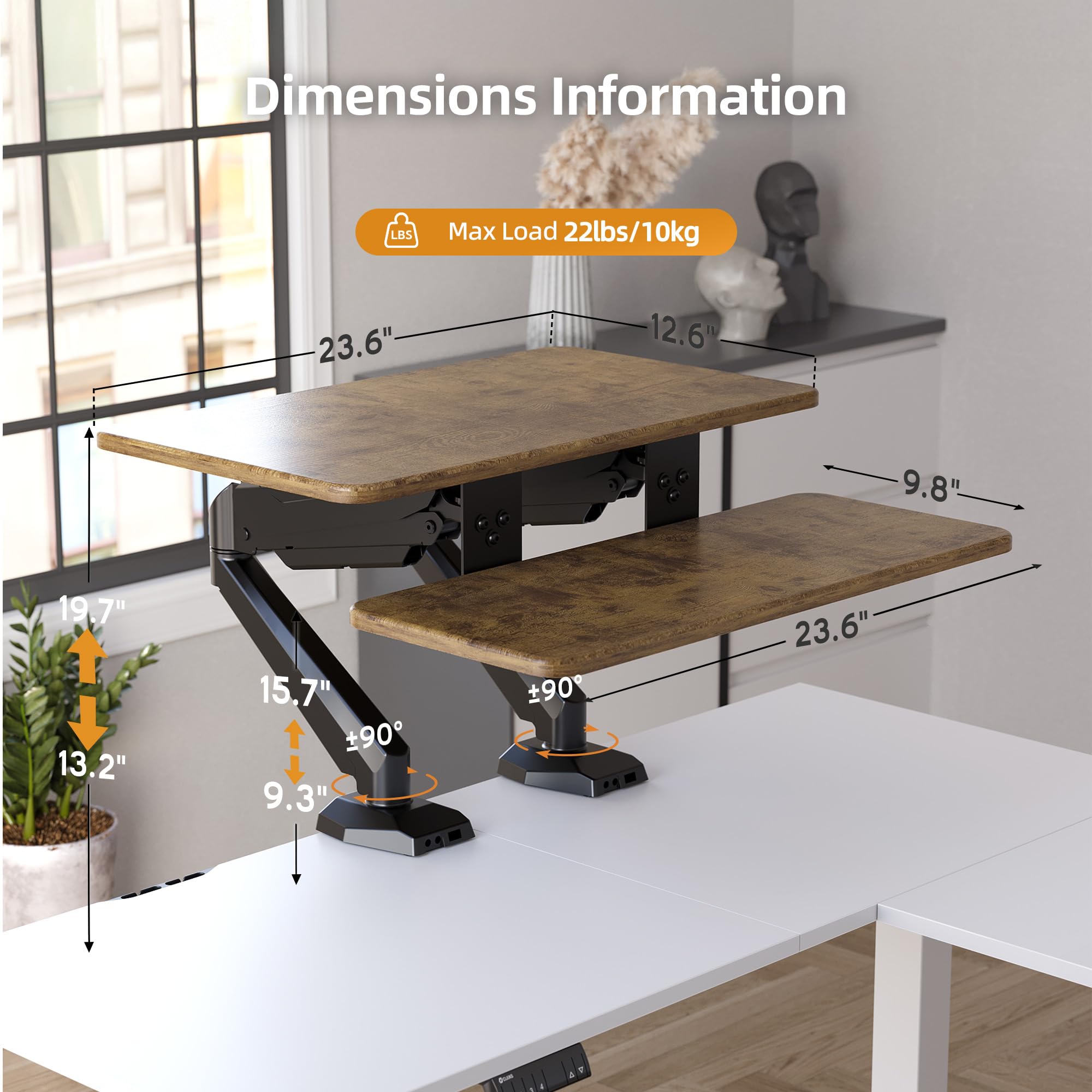 Claiks 61 cm Sitz-Steh-Arbeitsplatz, innovativer platzsparender, höhenverstellbarer ergonomischer Schreibtischkonverter mit breiter Tastaturablage, doppelter Fixierung und flexibler Drehfunktion